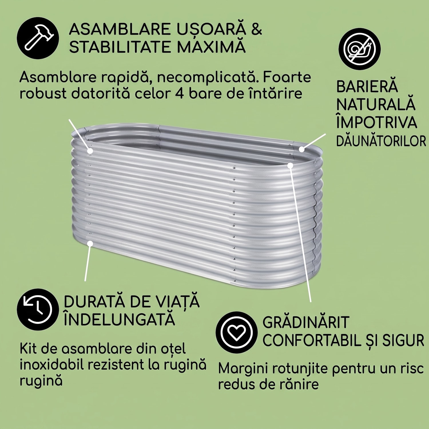 HIGH GROW, argintiu, 2 M, ghiveci ridicat, aluminiu galvanizat 200 x 100 x 80 cm | Argintiu