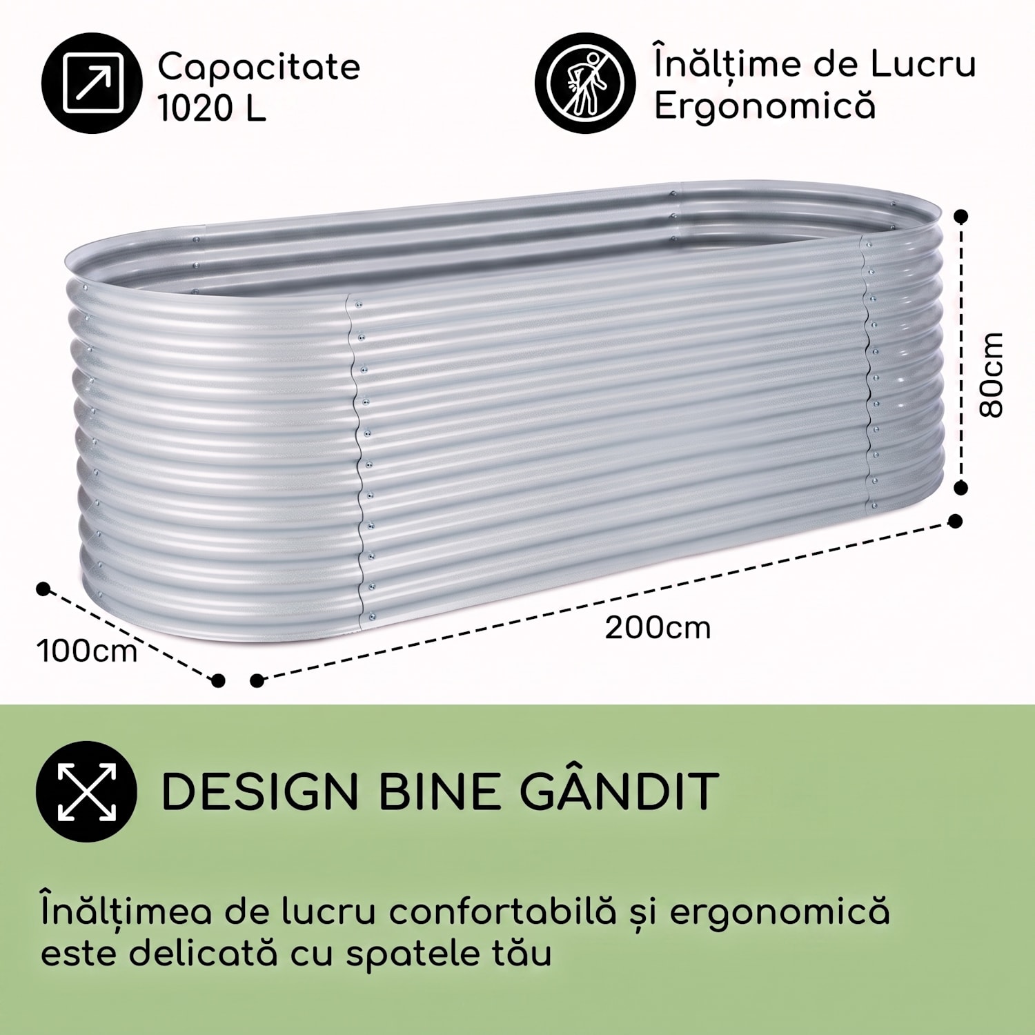 HIGH GROW, argintiu, 2 M, ghiveci ridicat, aluminiu galvanizat 200 x 100 x 80 cm | Argintiu