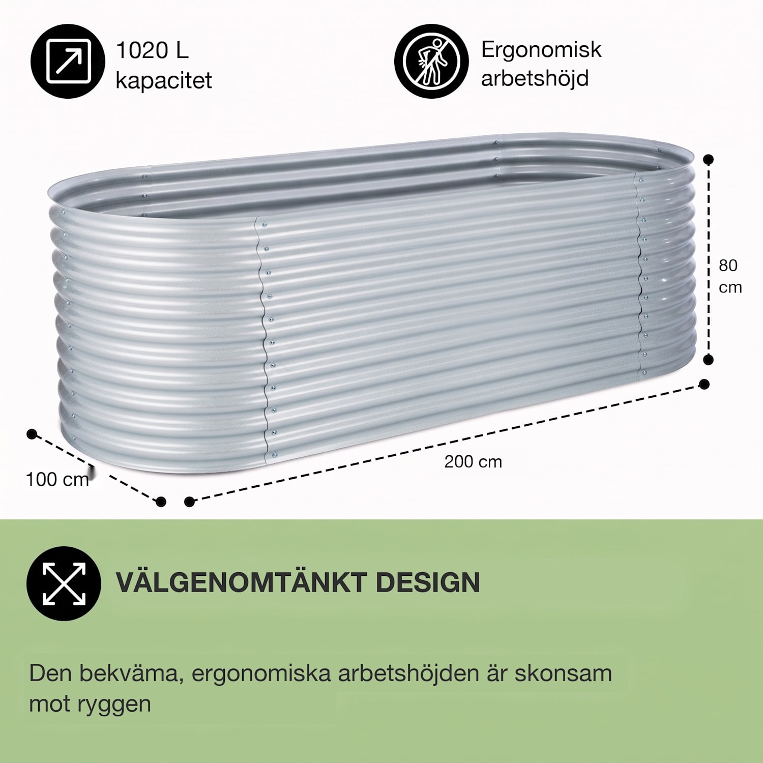 High Grow odlingslåda 2,0 m Zink-Alu-beläggning silver 200 x 100 x 80 cm | Silver