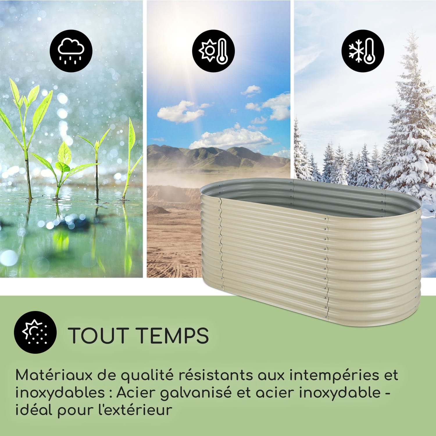 High Grow Carré potager surélevé plantations 2,0 m zinc-alu beige 200 x 100 x 80 cm | Crème