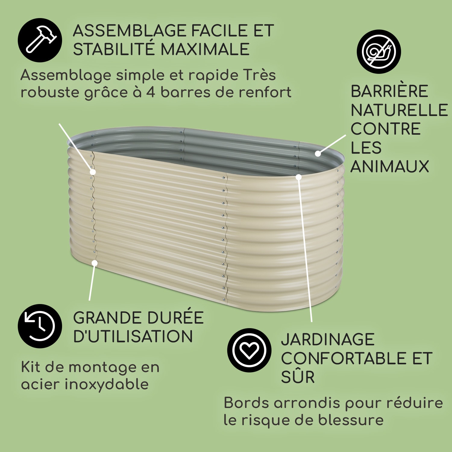 High Grow Carré potager surélevé plantations 2,0 m zinc-alu beige 200 x 100 x 80 cm | Crème