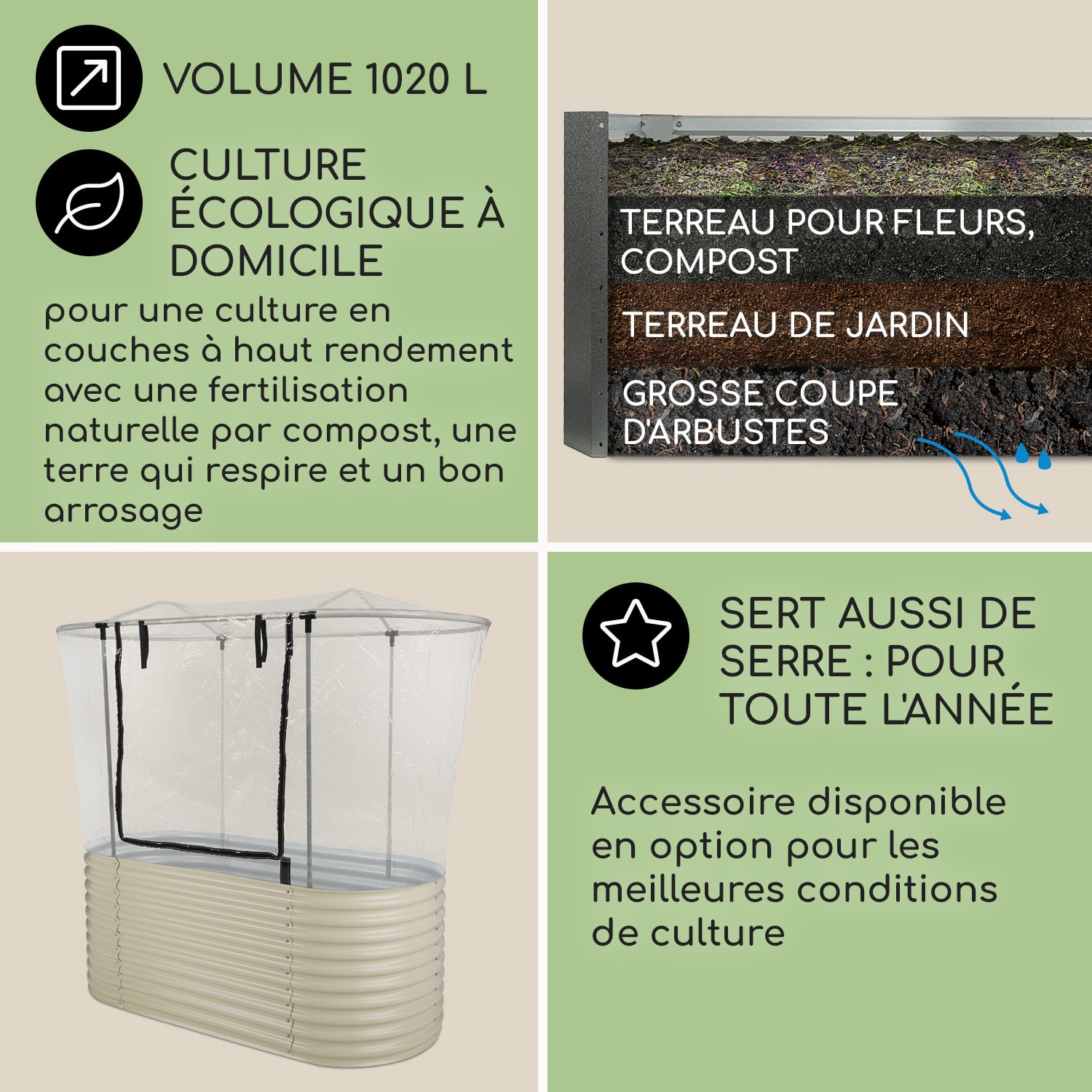 High Grow Carré potager surélevé plantations 2,0 m zinc-alu beige 200 x 100 x 80 cm | Crème