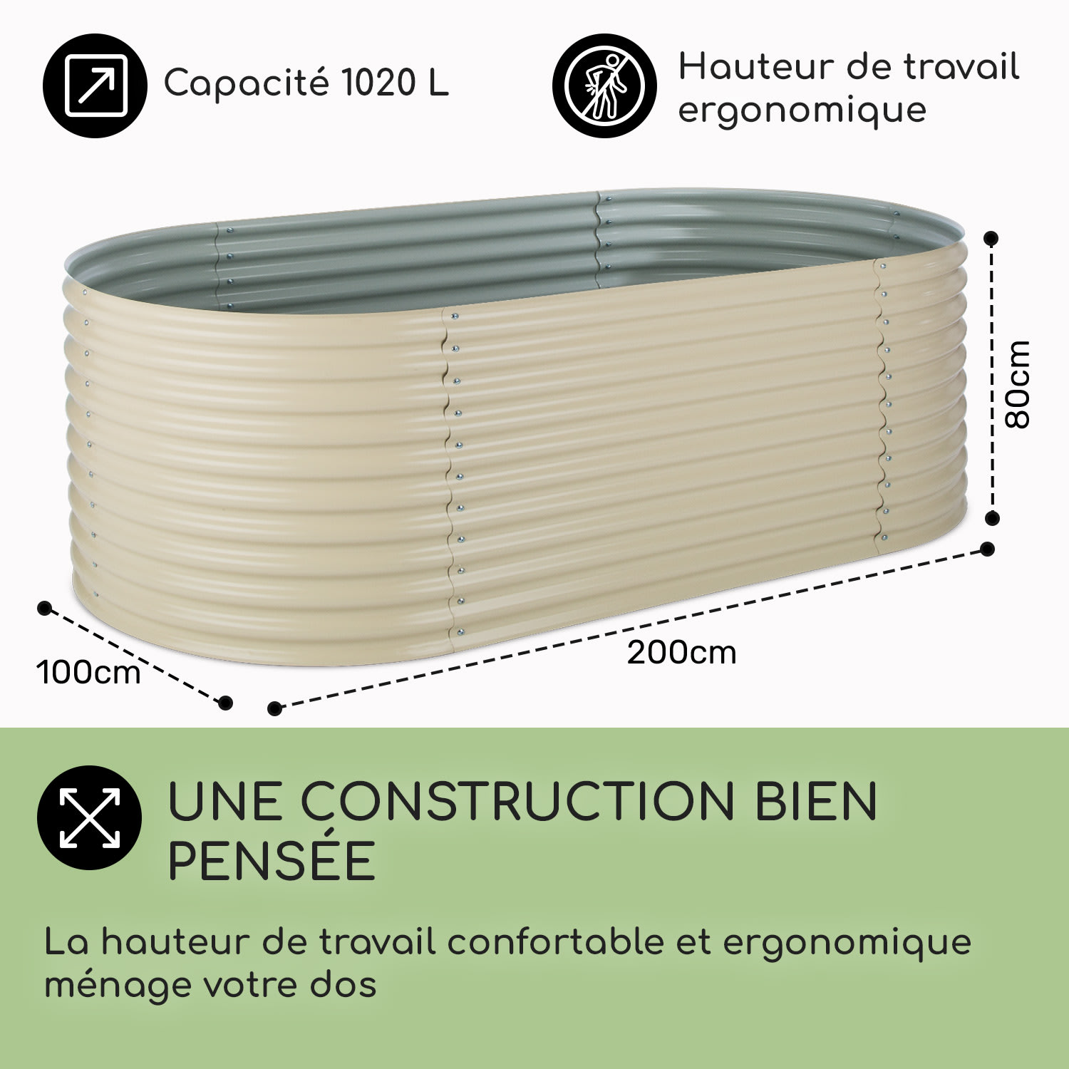 High Grow Carré potager surélevé plantations 2,0 m zinc-alu beige 200 x 100 x 80 cm | Crème
