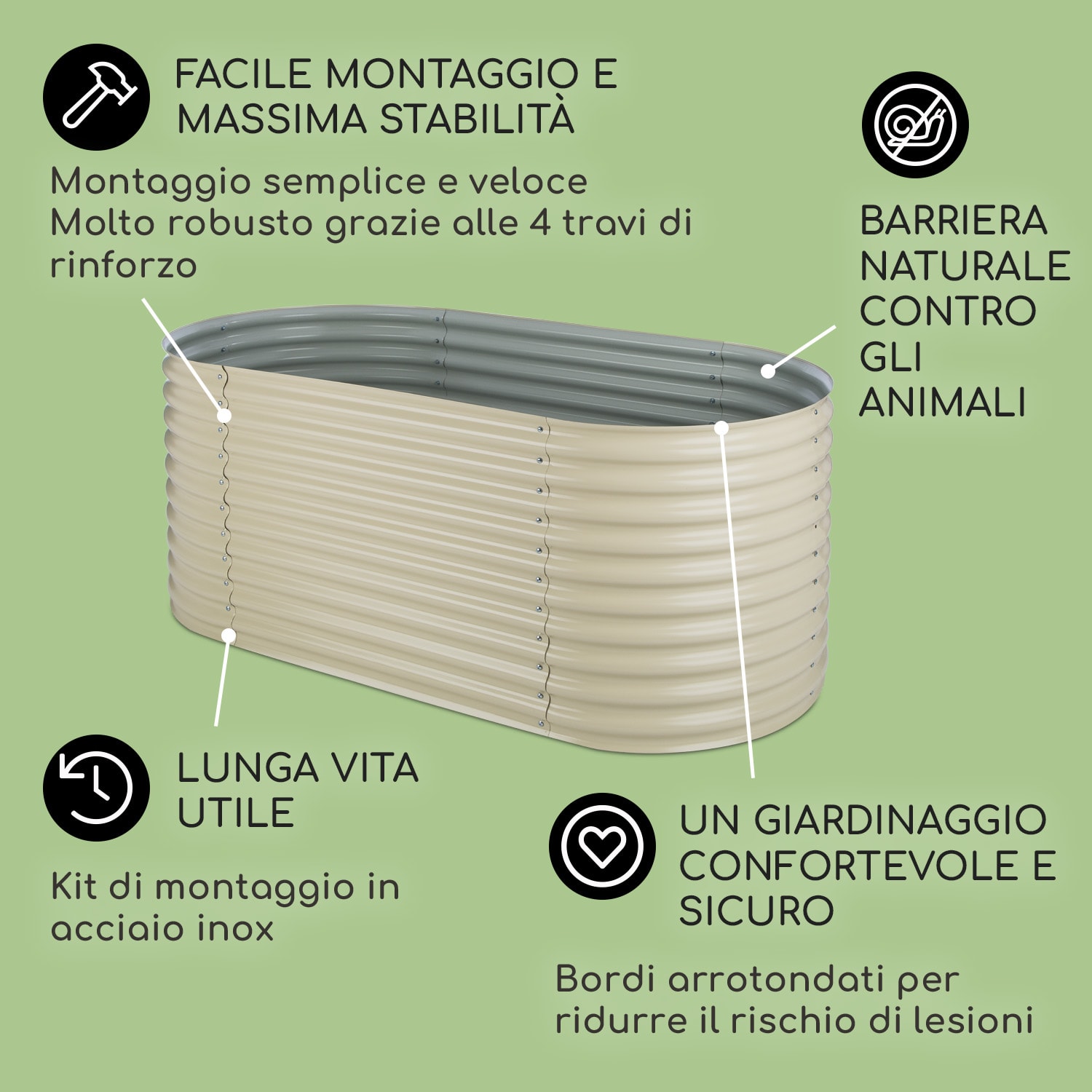 High Grow Fioriera Rialzata 2,0m Rivestimento zinco-alluminio beige 200 x 100 x 80 cm | Crema