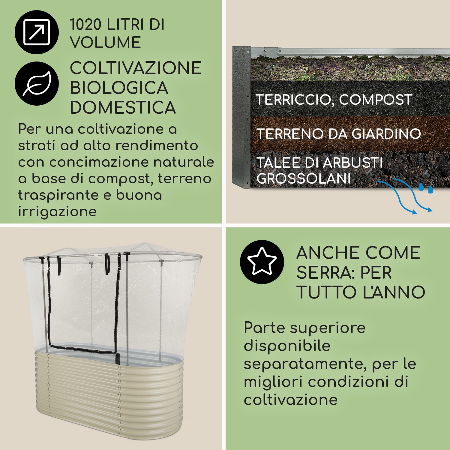 High Grow Fioriera Rialzata 2,0m Rivestimento zinco-alluminio beige 200 x 100 x 80 cm | Crema
