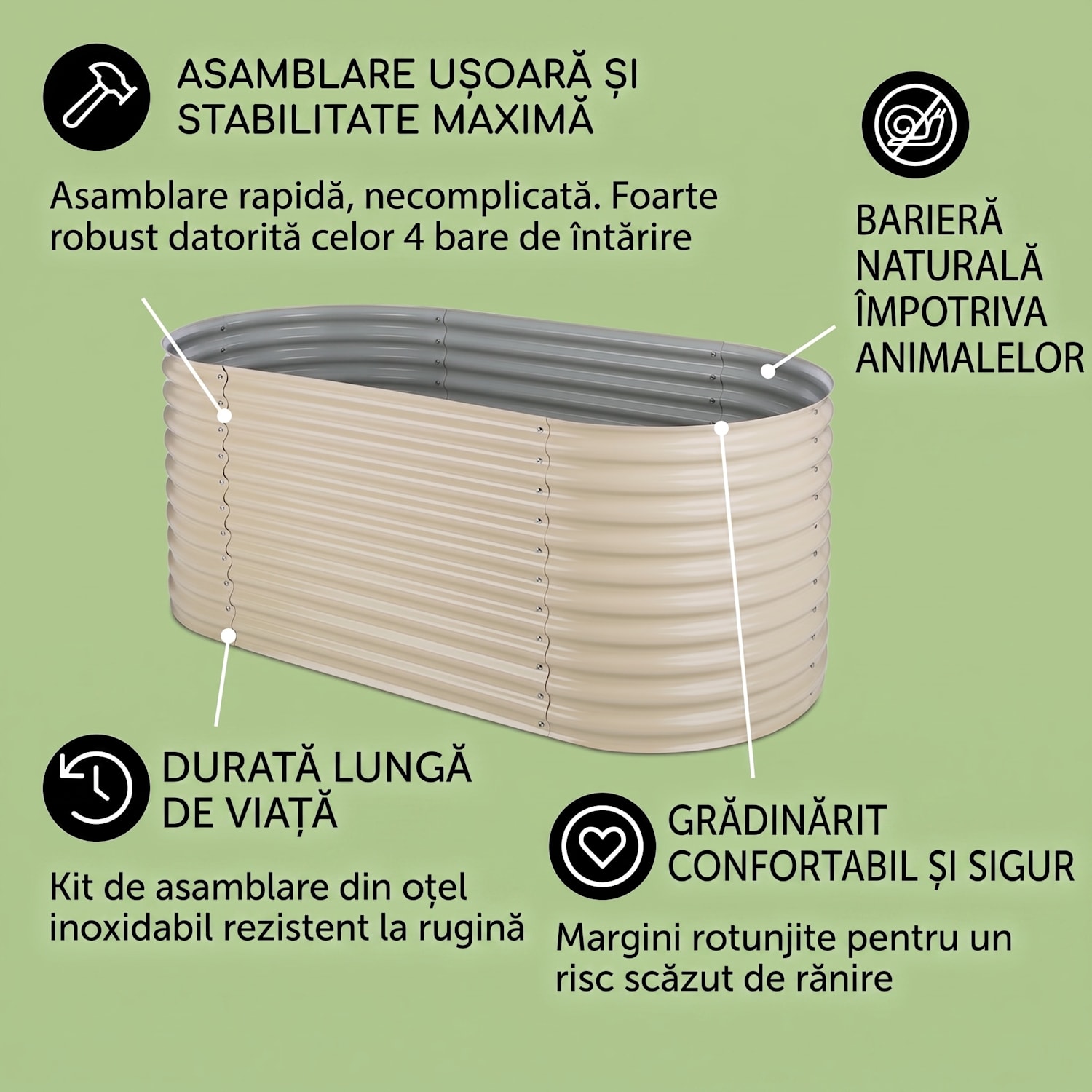 HIGH GROW, bej, 2 M, ghiveci ridicat, aluminiu galvanizat 200 x 100 x 80 cm | Crem