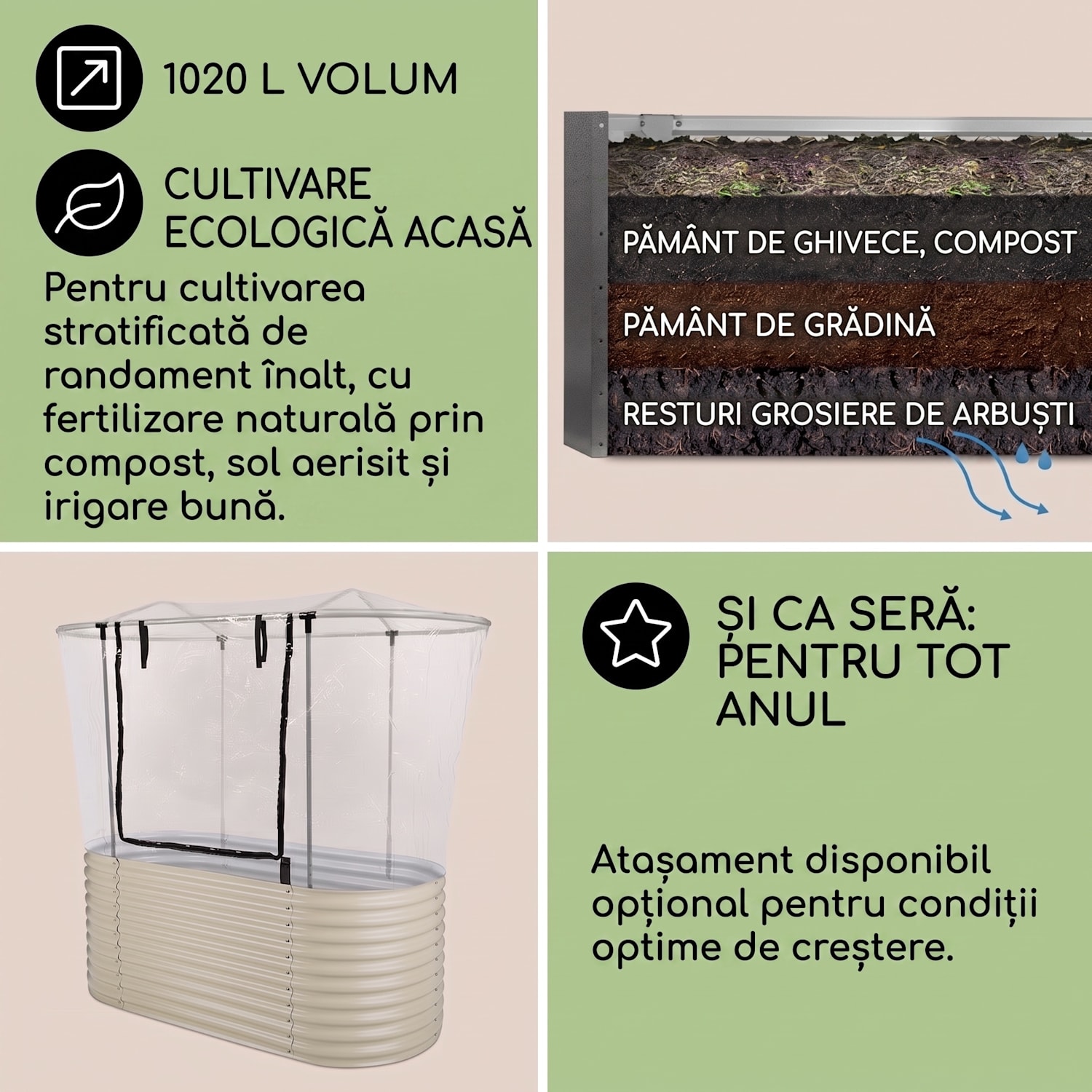 HIGH GROW, bej, 2 M, ghiveci ridicat, aluminiu galvanizat 200 x 100 x 80 cm | Crem