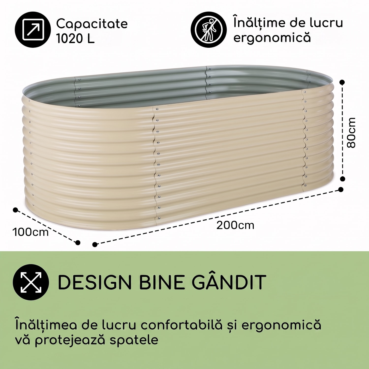 HIGH GROW, bej, 2 M, ghiveci ridicat, aluminiu galvanizat 200 x 100 x 80 cm | Crem