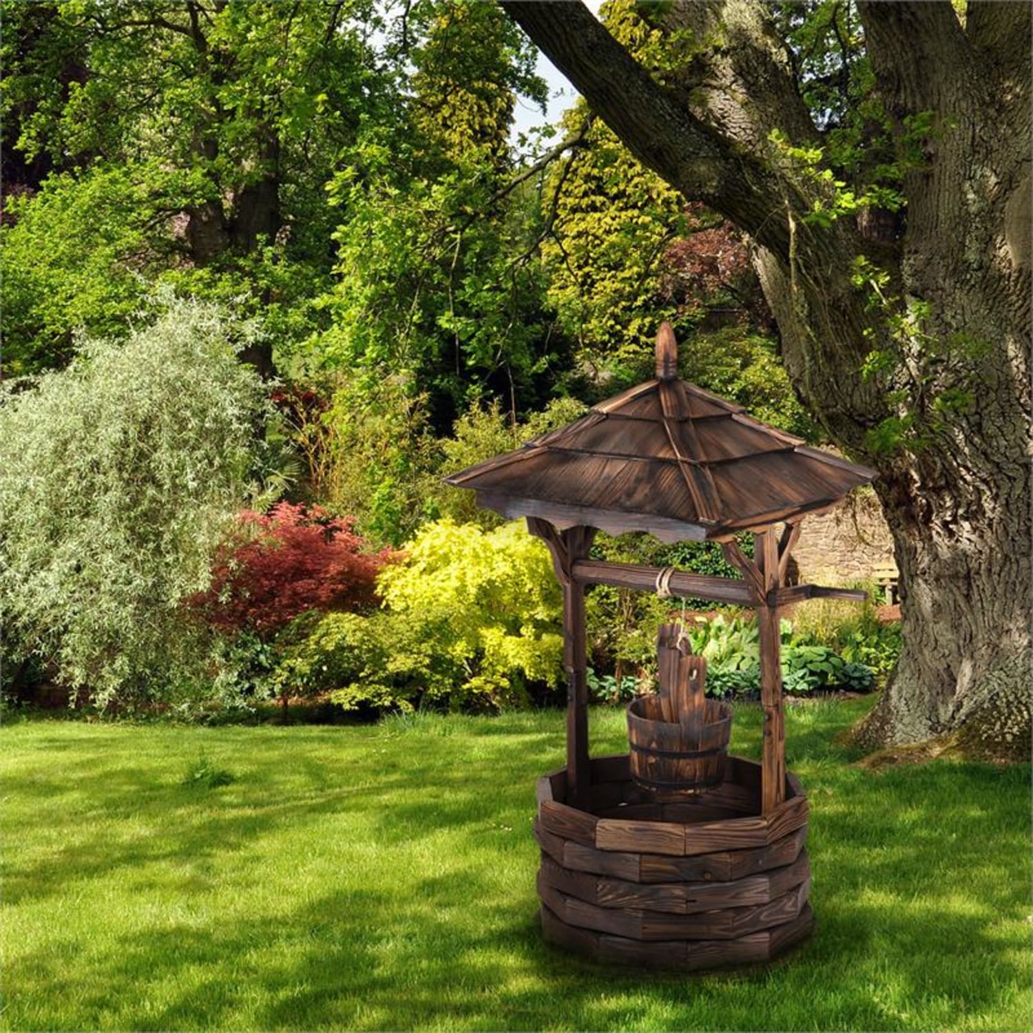 Loreley Garten-Brunnen Garten-Dekoration 125cm Tannenholz geflammt 