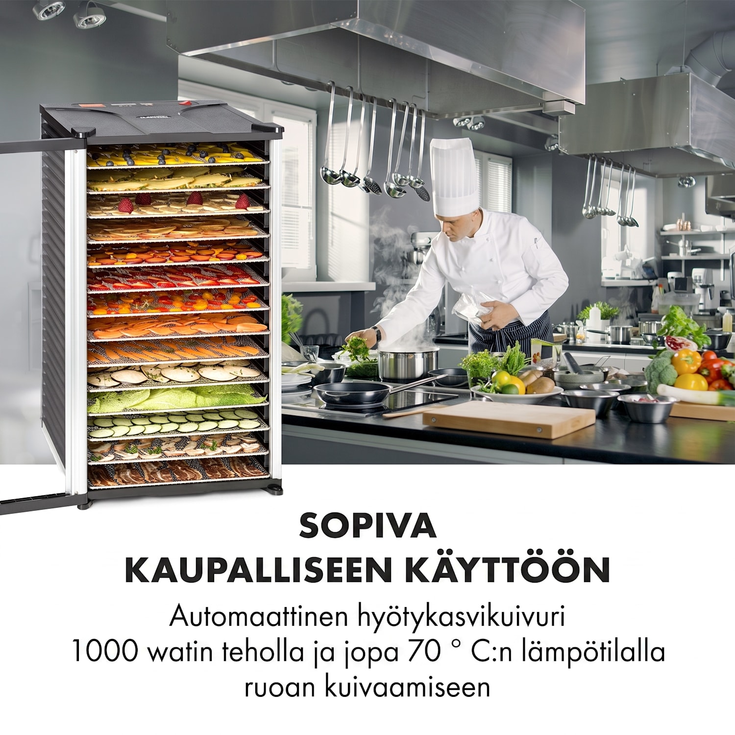 Fruit Jerky 14 -kuivuri 1000W 30–70 °C 14 hyllyä ajastin LC-näyttö 14 tasoa
