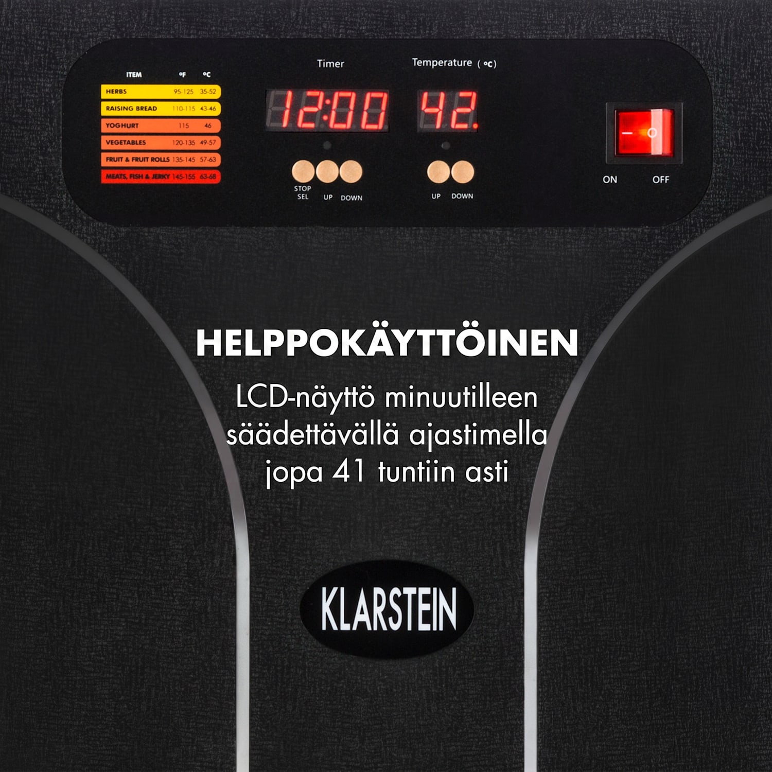 Fruit Jerky 14 -kuivuri 1000W 30–70 °C 14 hyllyä ajastin LC-näyttö 14 tasoa