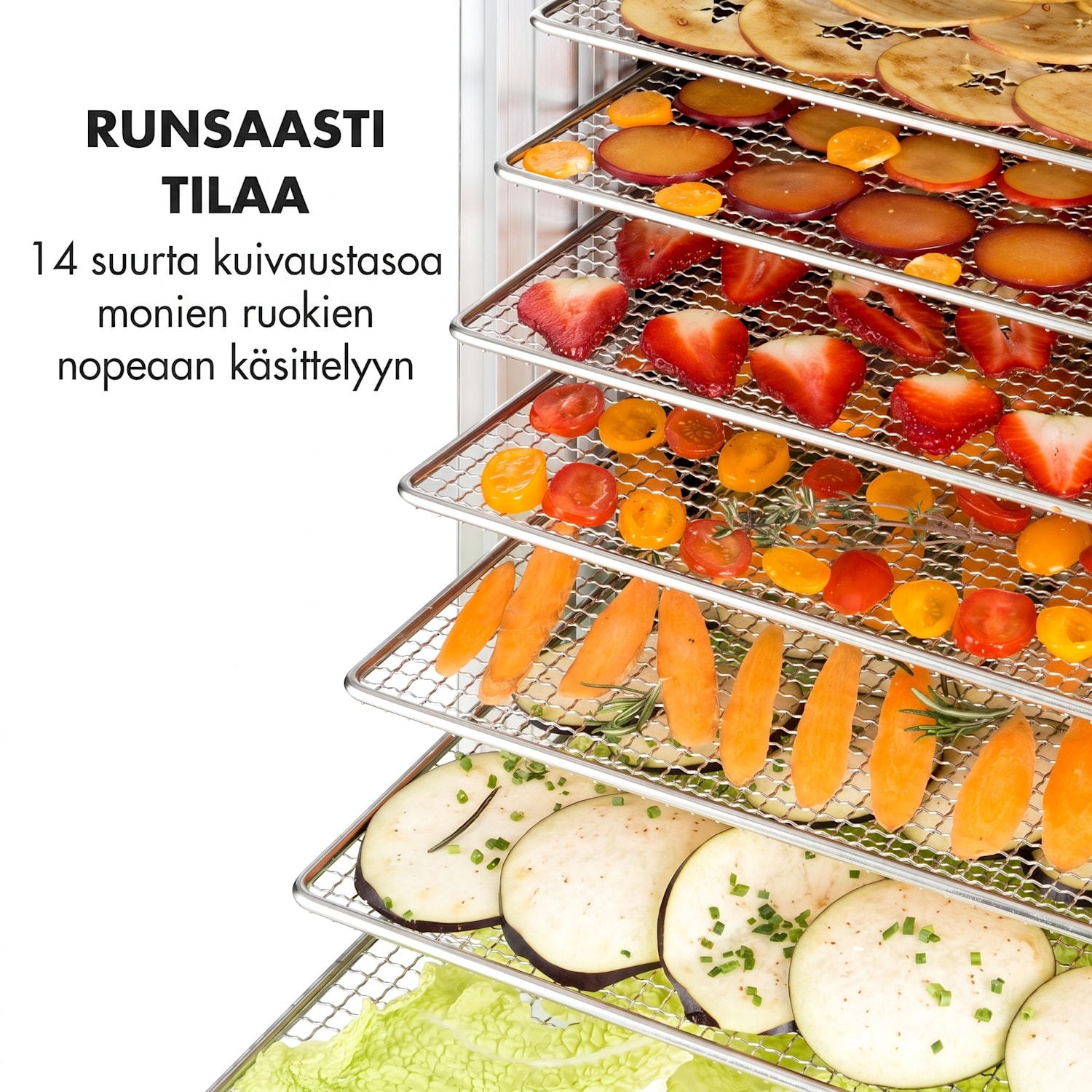 Fruit Jerky 14 -kuivuri 1000W 30–70 °C 14 hyllyä ajastin LC-näyttö 14 tasoa