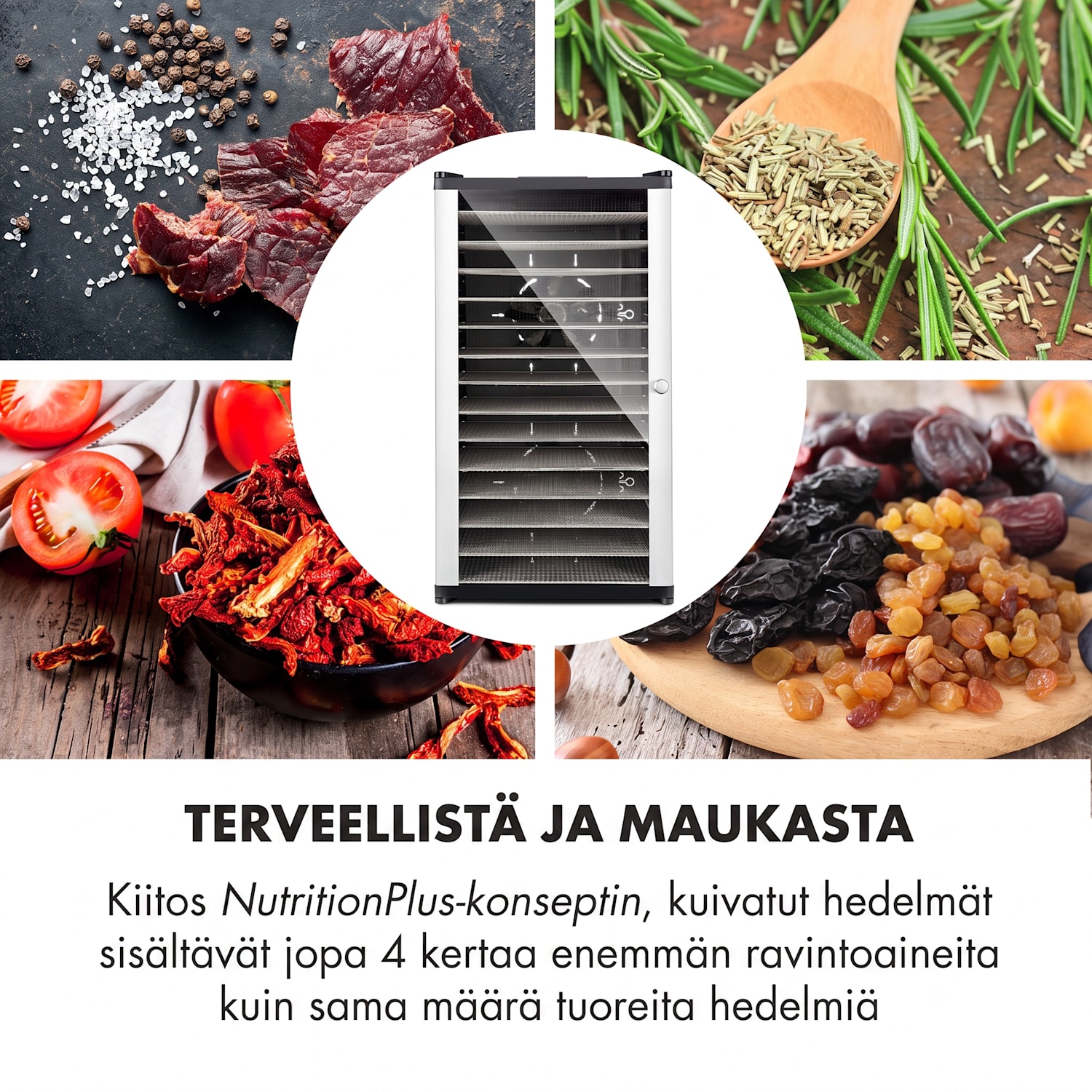Fruit Jerky 14 -kuivuri 1000W 30–70 °C 14 hyllyä ajastin LC-näyttö 14 tasoa