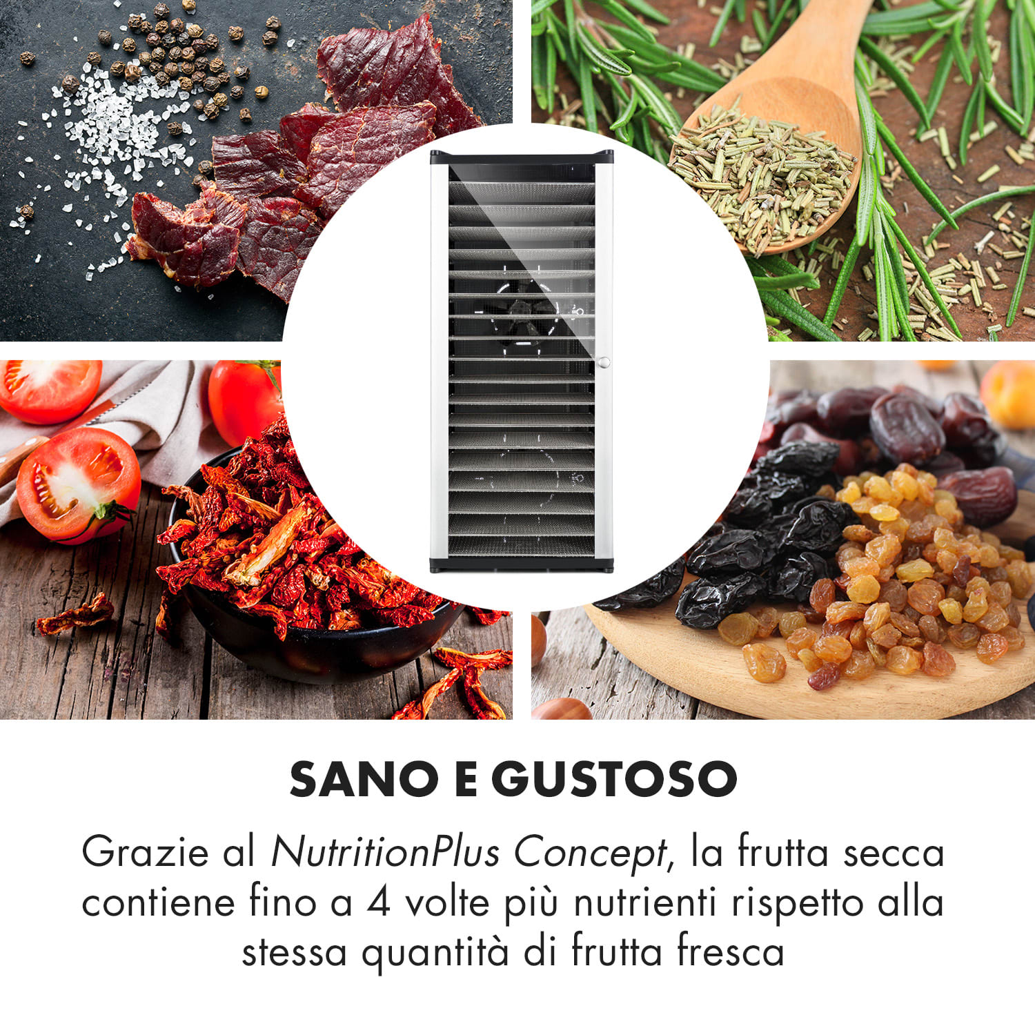 Fruit Jerky 18 - Essiccatore, 1000W, 30-70 °C, 18 ripiani, timer, schermo LCD 18 scomparti