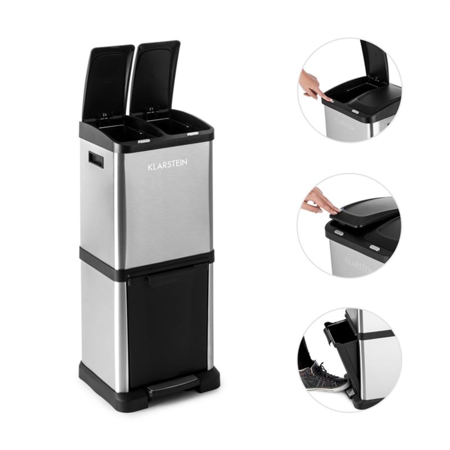 Ökosystem², szemeteskosár, hulladék osztályozó, 30 l (1 x15 l, 2x7,5 l), PE, nemesacél 