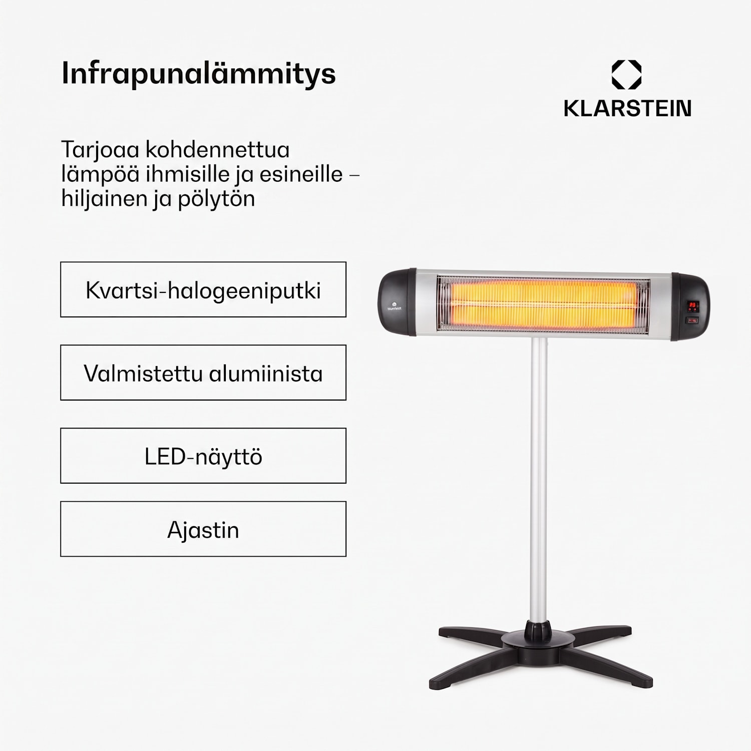 Rising Sun, lämmitin, 2500 W, IP34, korkeussäädettävä, hopeanvärinen Rising Sun
