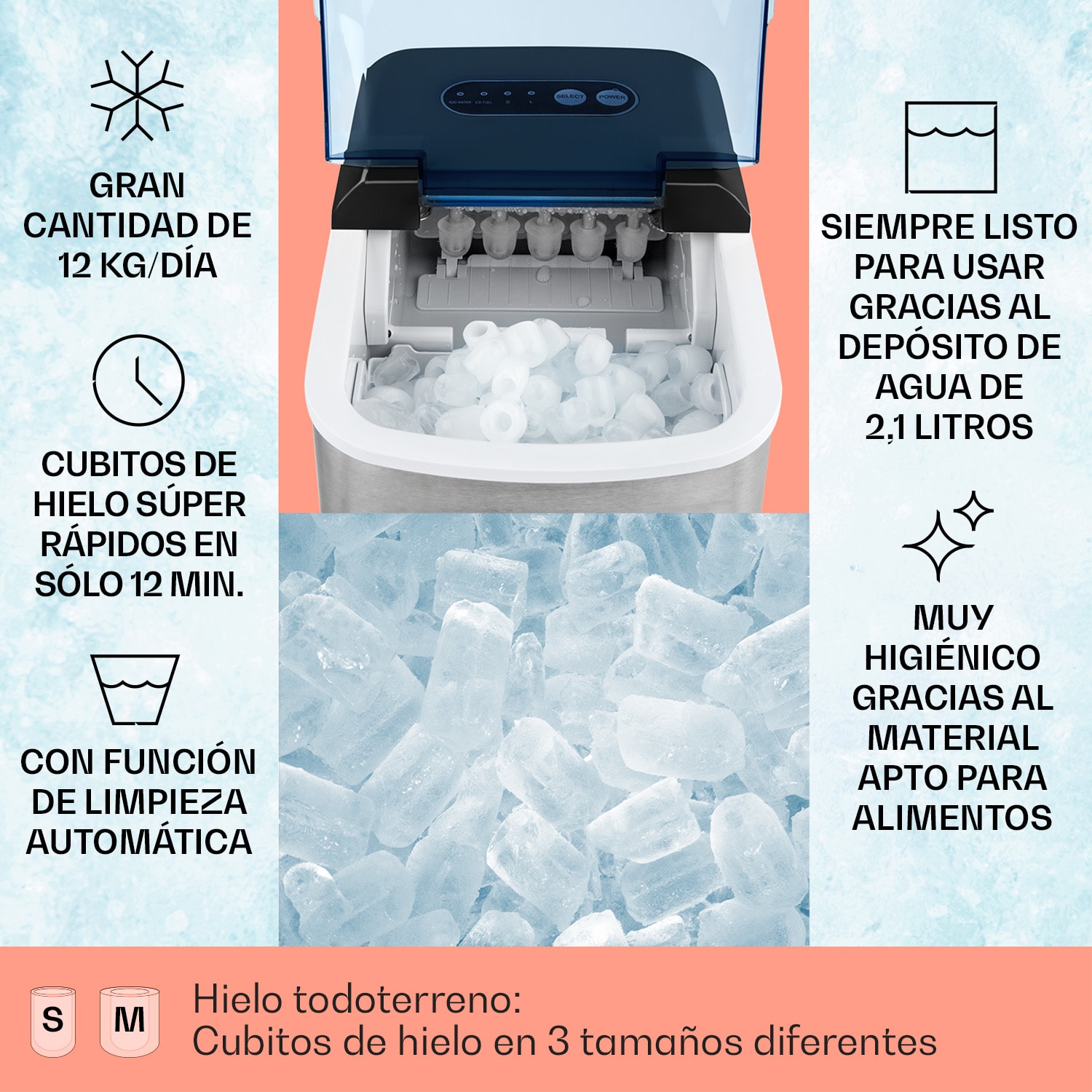 On-The-Rocks Máquina de hielo LED | 12kg cada 24h | 2,1l | Acero inoxi 
