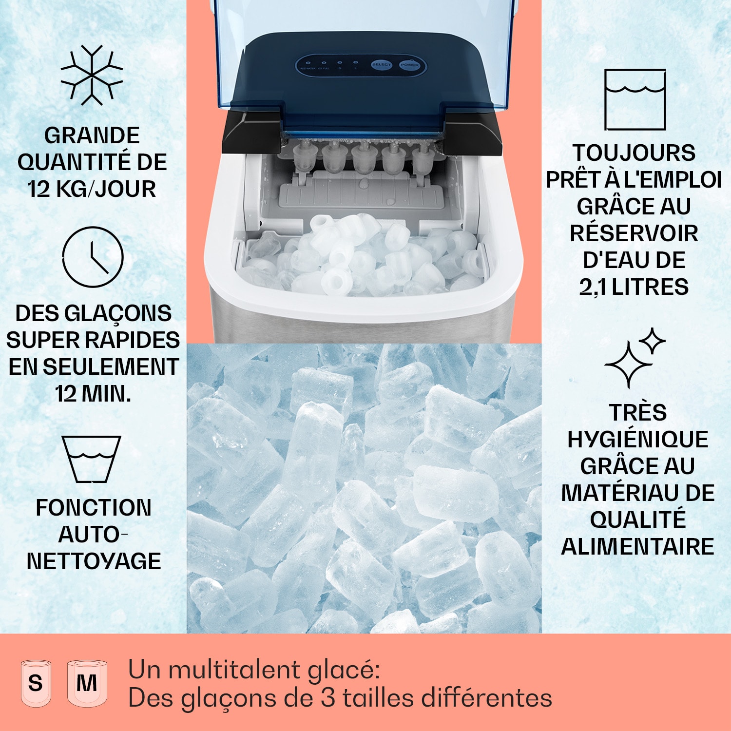 On-The-Rocks Machine à glaçons LED 12kg / 24h réservoir 2,1L inox 