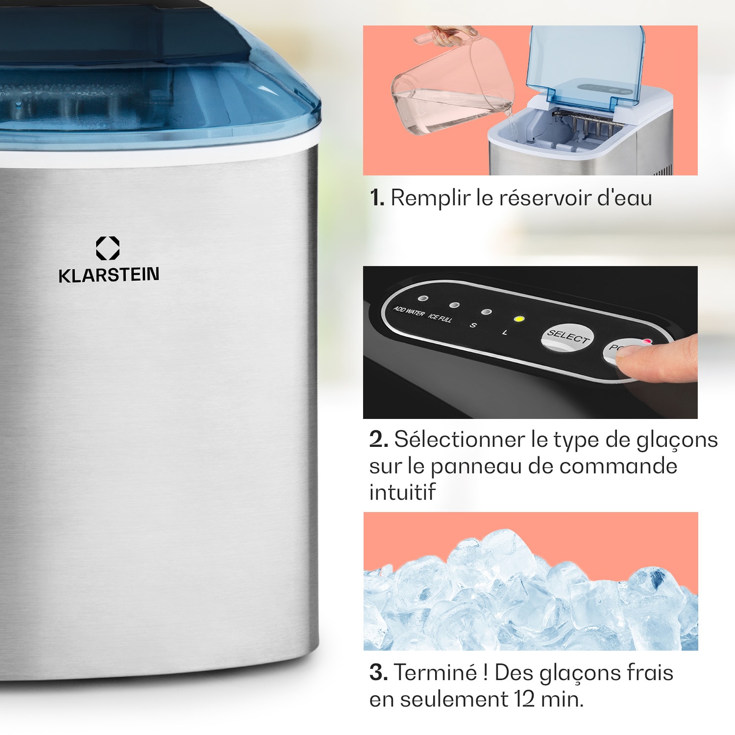 On-The-Rocks Machine à glaçons LED 12kg / 24h réservoir 2,1L inox 