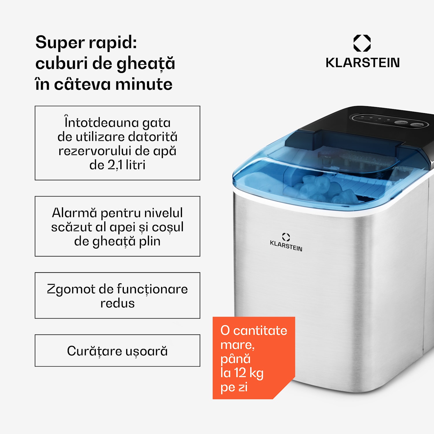 ON-THE-ROCKS, aparat de gheață, LED-uri, | 12 kg la fiecare 24 de ore | 2,1 L | Oțel inoxidabil, culoare neagră 