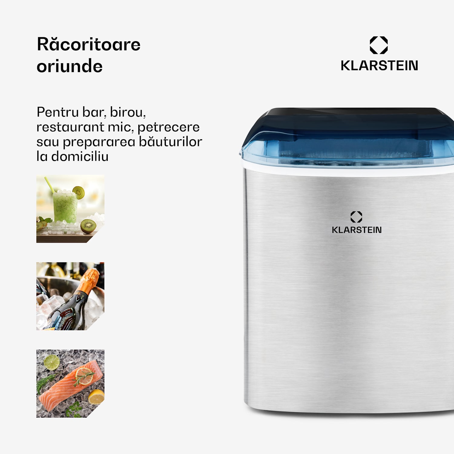 ON-THE-ROCKS, aparat de gheață, LED-uri, | 12 kg la fiecare 24 de ore | 2,1 L | Oțel inoxidabil, culoare neagră 