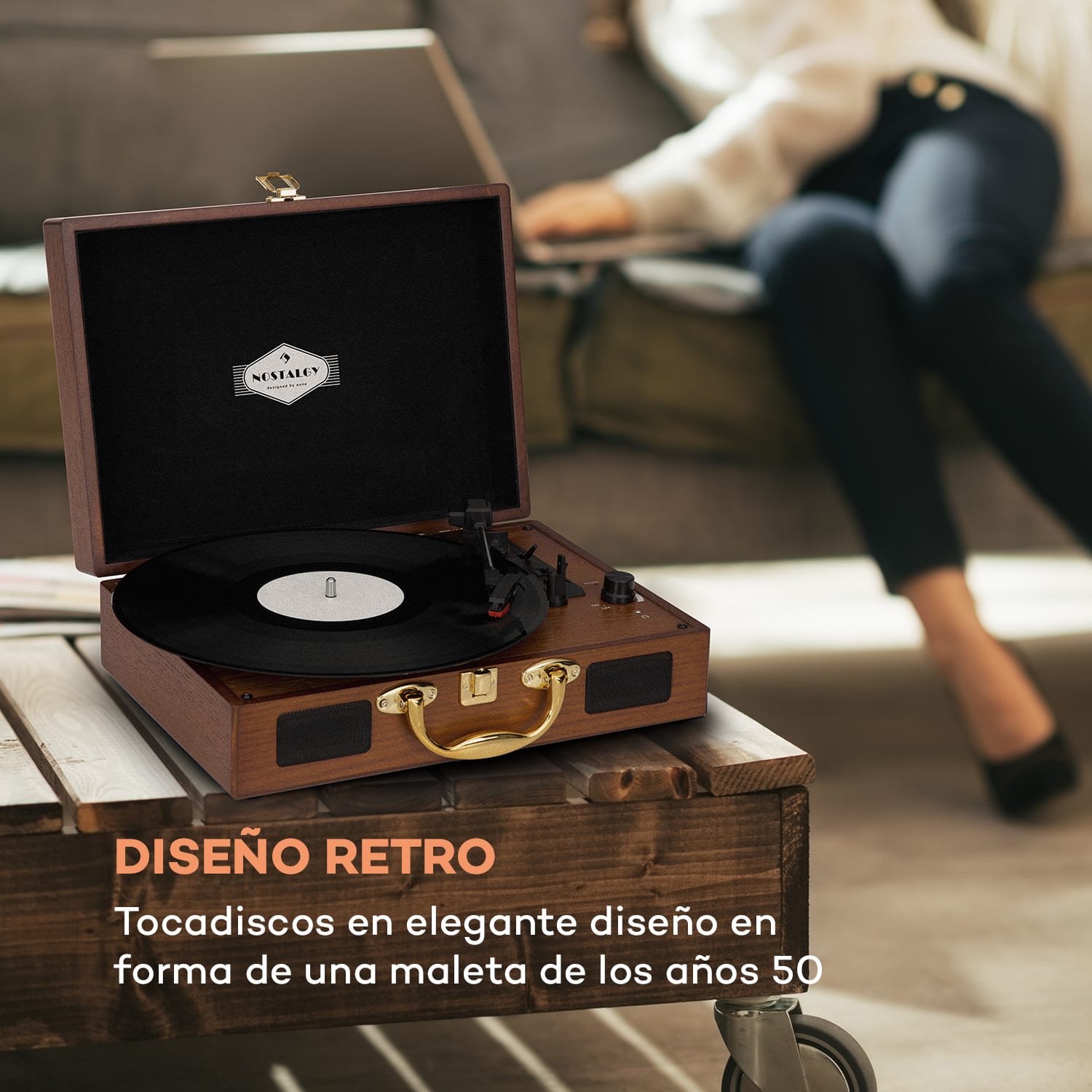Nostalgy by auna Peggy Sue Tocadiscos retro LP USB AUX aspecto de madera/oro 