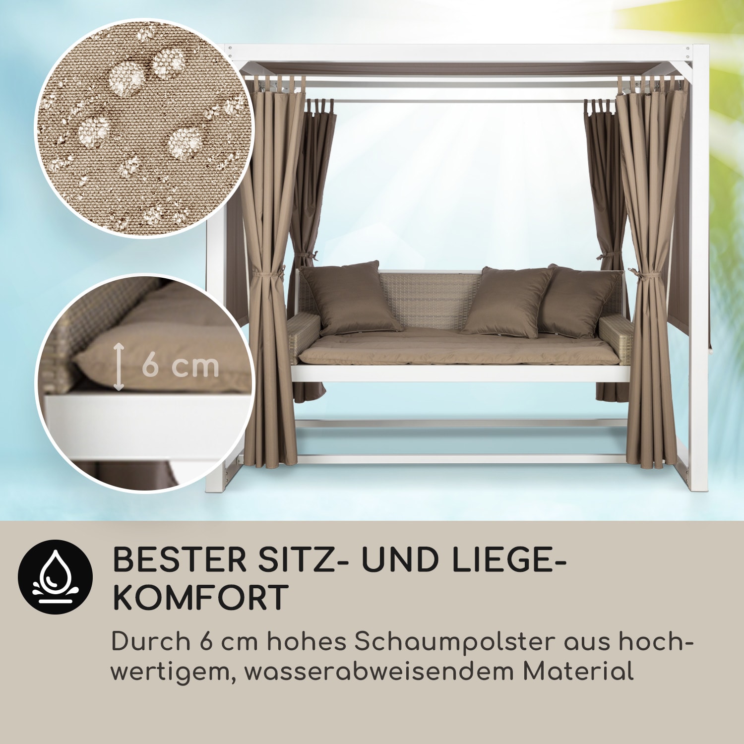 Eremitage Luxus-Hollywoodschaukel 236x210x180 cm Sonnendach Vorhänge Weiß / Dunkles Taupe