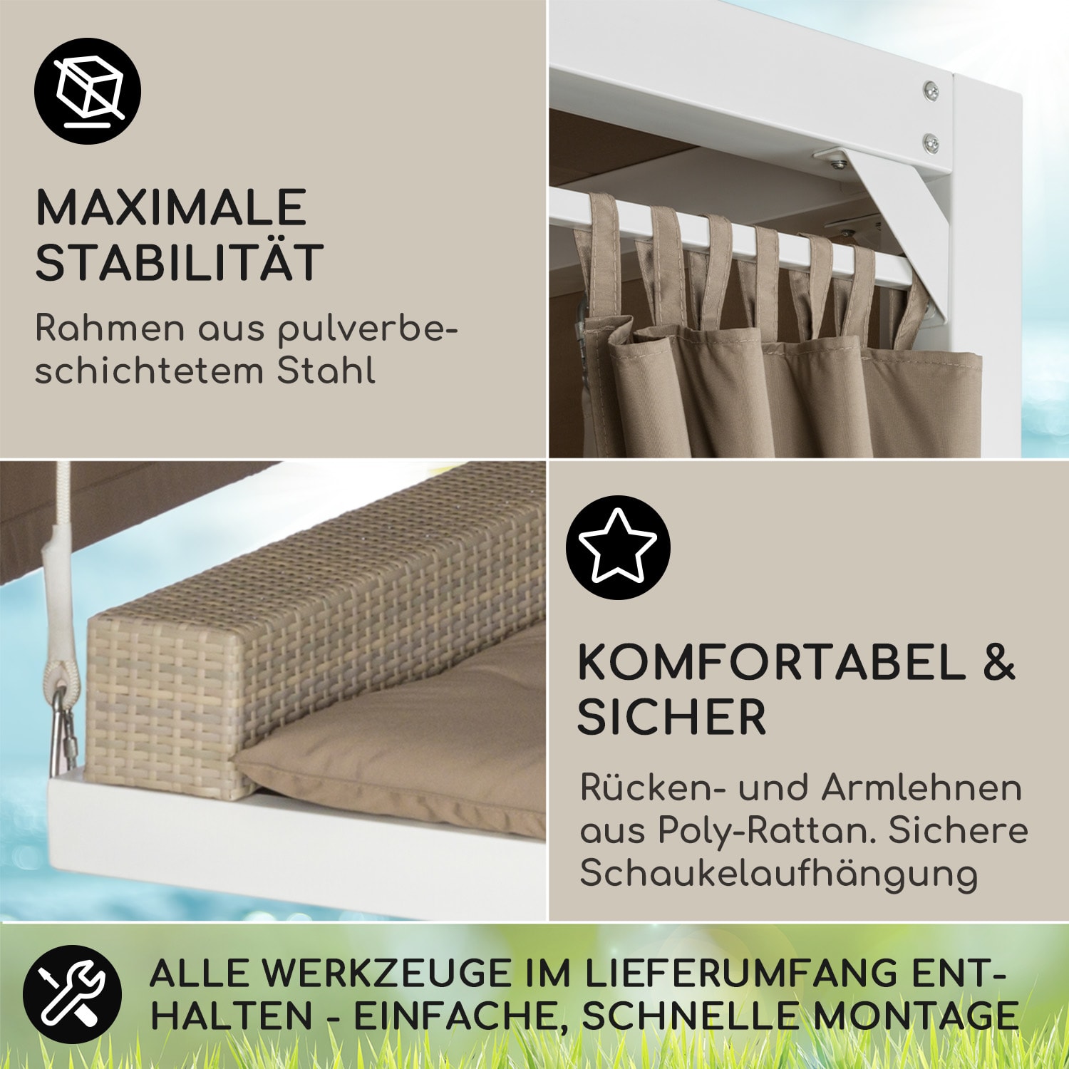 Eremitage Luxus-Hollywoodschaukel 236x210x180 cm Sonnendach Vorhänge Weiß / Dunkles Taupe