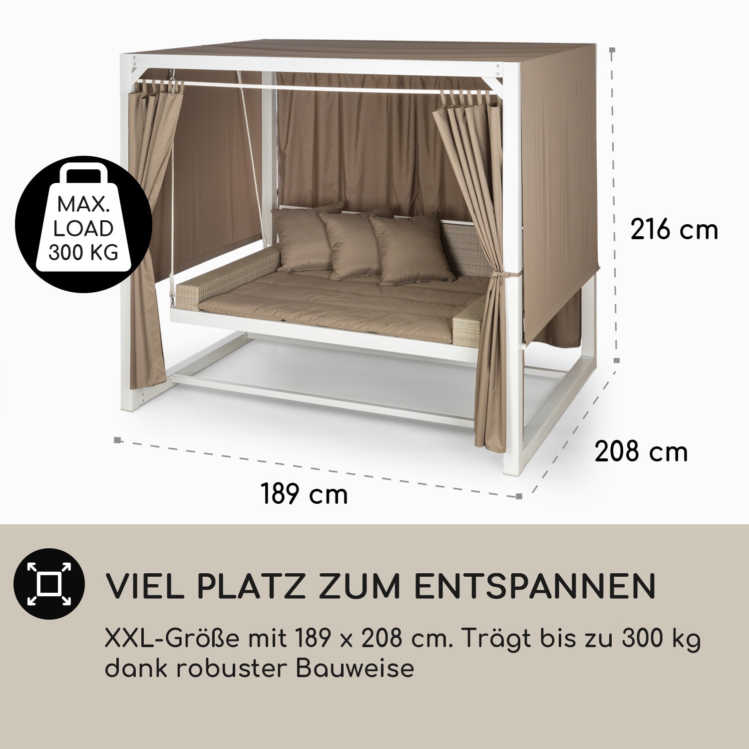 Eremitage Luxus-Hollywoodschaukel 236x210x180 cm Sonnendach Vorhänge Weiß / Dunkles Taupe