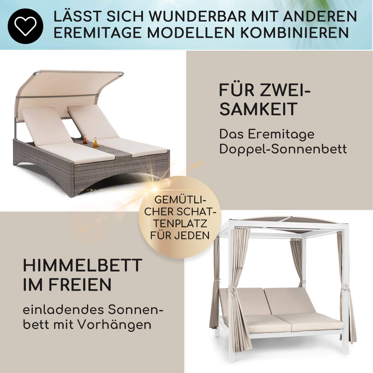 Eremitage Luxus-Hollywoodschaukel 236x210x180 cm Sonnendach Vorhänge Weiß / Dunkles Taupe