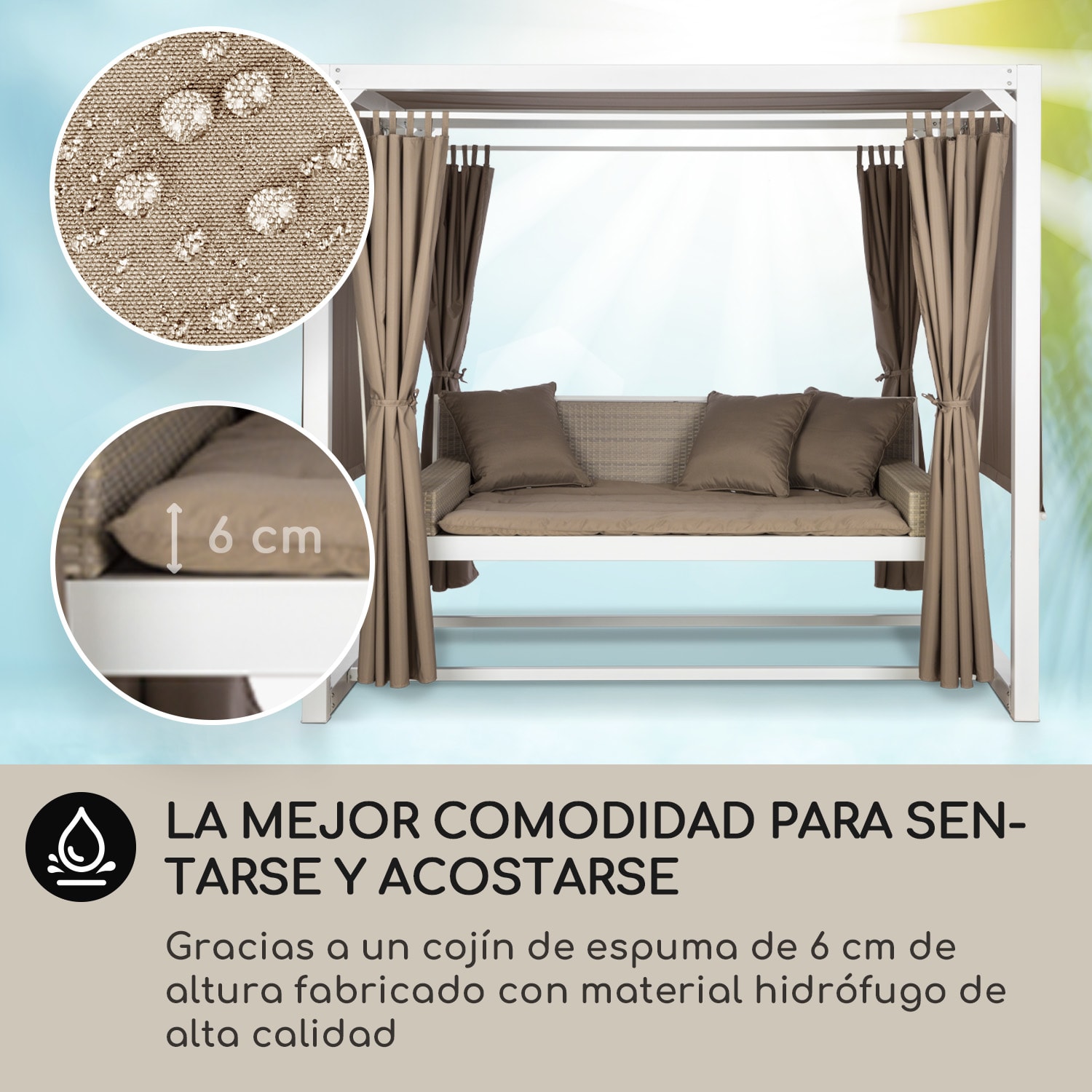 Eremitage Columpio de lujo 236 x 210 x 180 cm Toldo Cortinas Blanco / visón oscuro