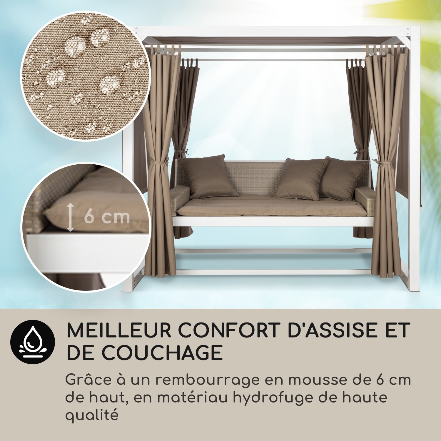 Balancelle hollywoodienne Hermitage Luxury 236 x 210 x 180 cm Auvent Rideaux Blanc/Taupe foncé