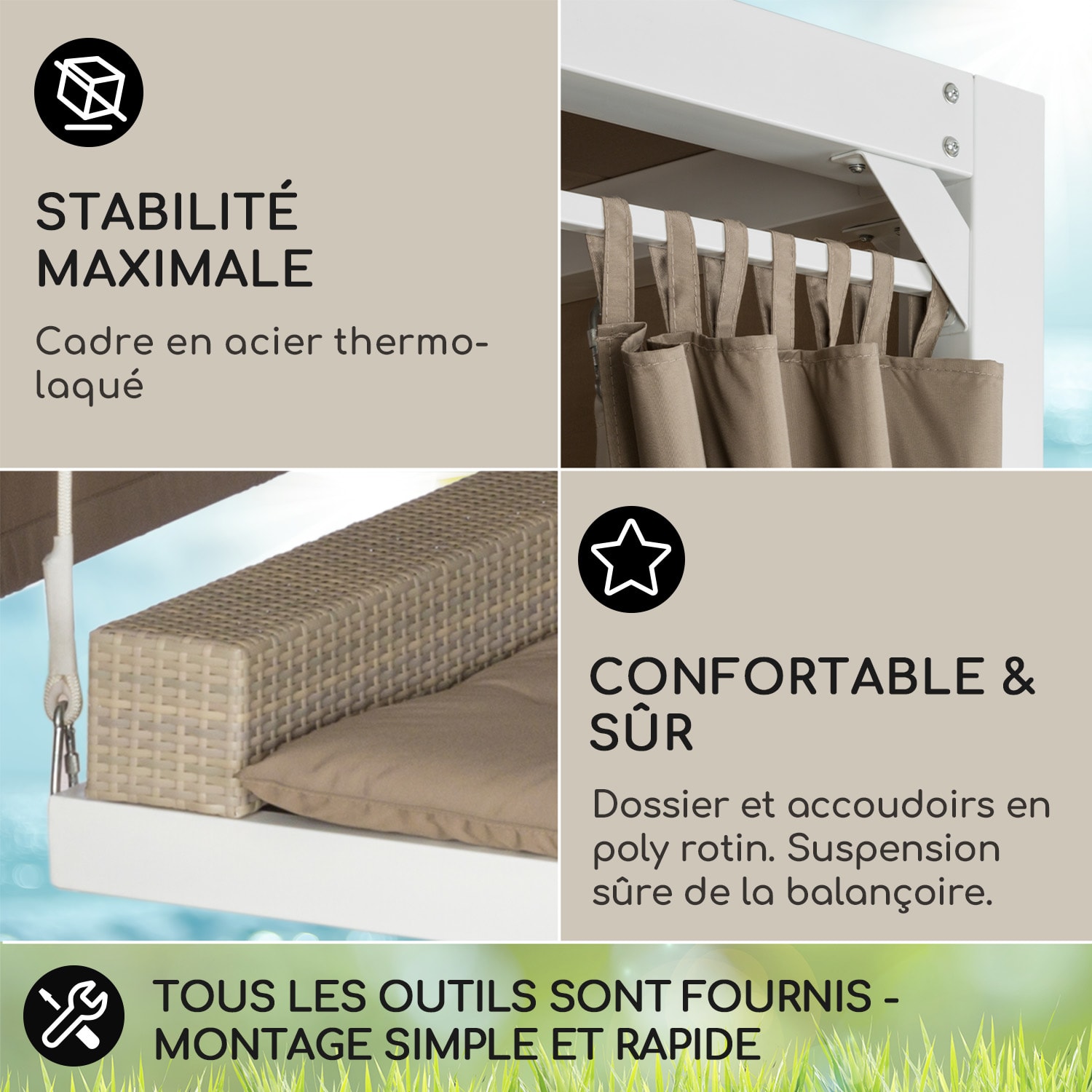 Balancelle hollywoodienne Hermitage Luxury 236 x 210 x 180 cm Auvent Rideaux Blanc/Taupe foncé