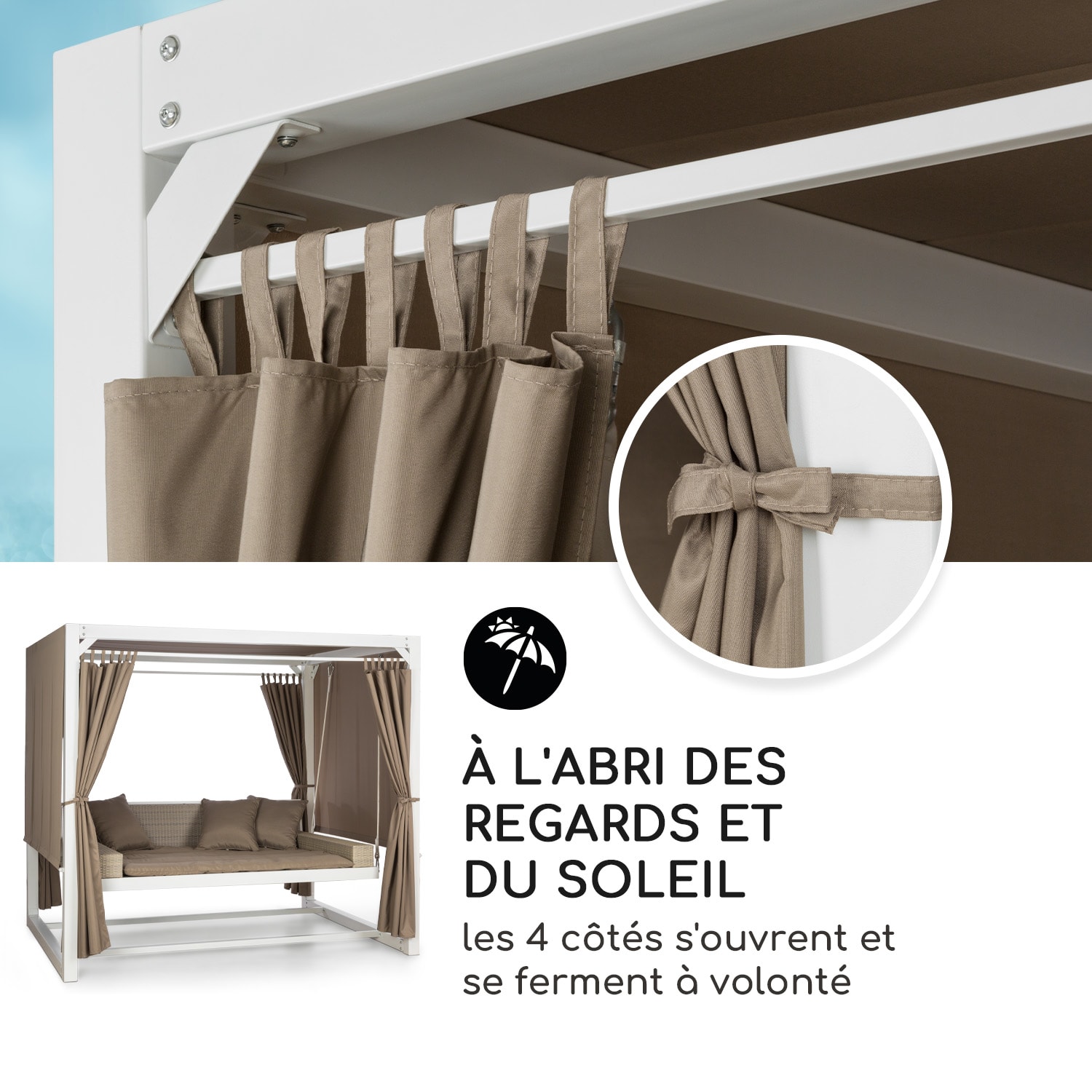 Balancelle hollywoodienne Hermitage Luxury 236 x 210 x 180 cm Auvent Rideaux Blanc/Taupe foncé