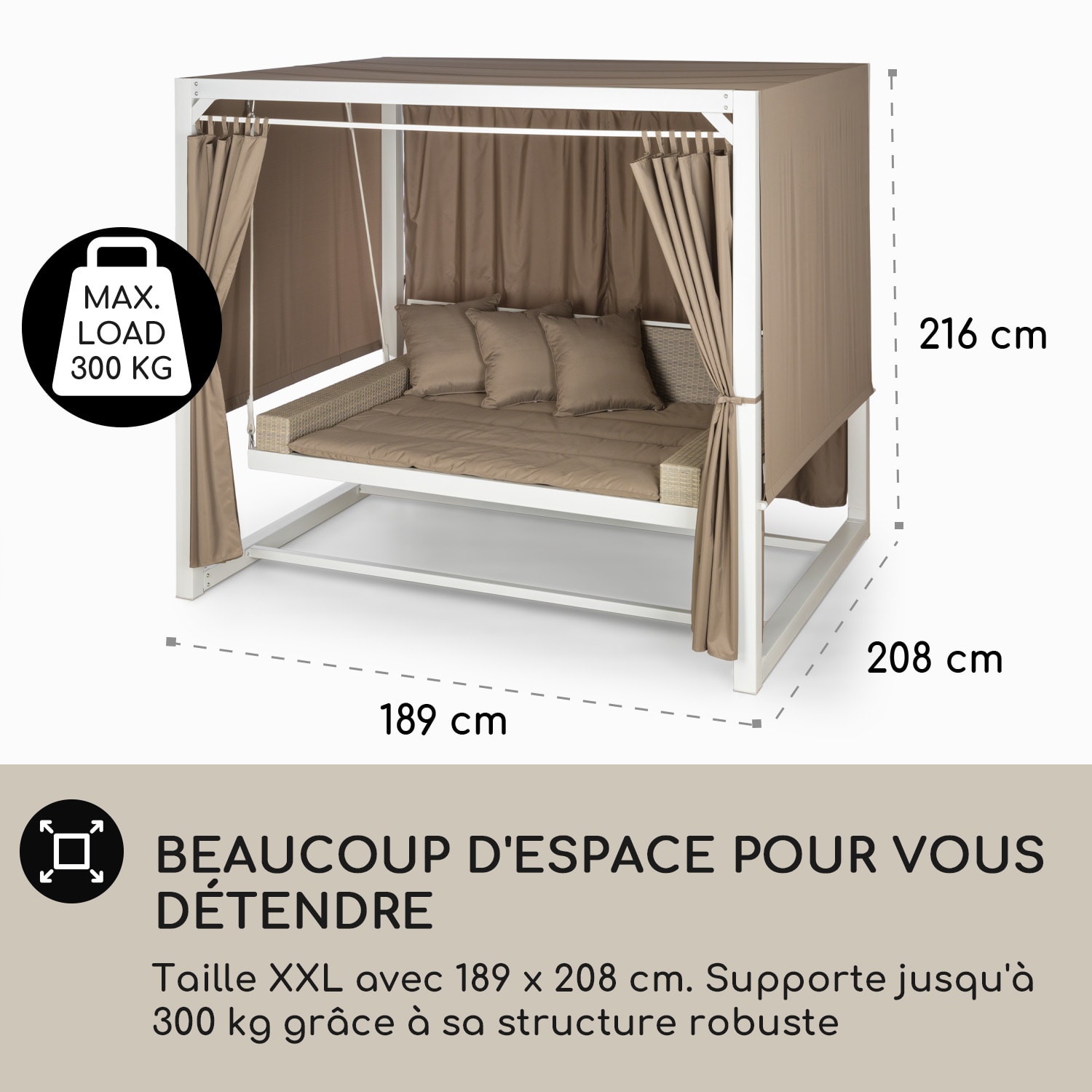 Balancelle hollywoodienne Hermitage Luxury 236 x 210 x 180 cm Auvent Rideaux Blanc/Taupe foncé
