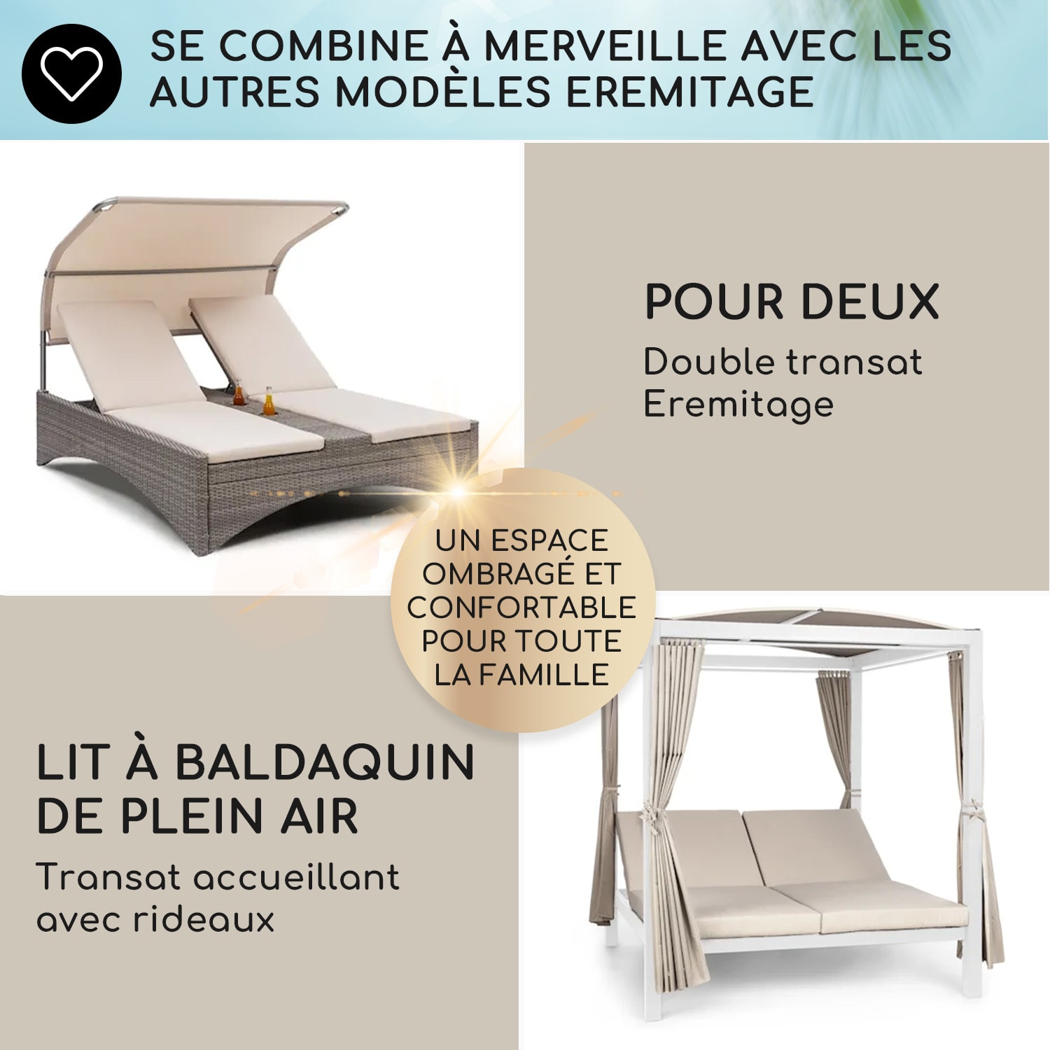 Balancelle hollywoodienne Hermitage Luxury 236 x 210 x 180 cm Auvent Rideaux Blanc/Taupe foncé