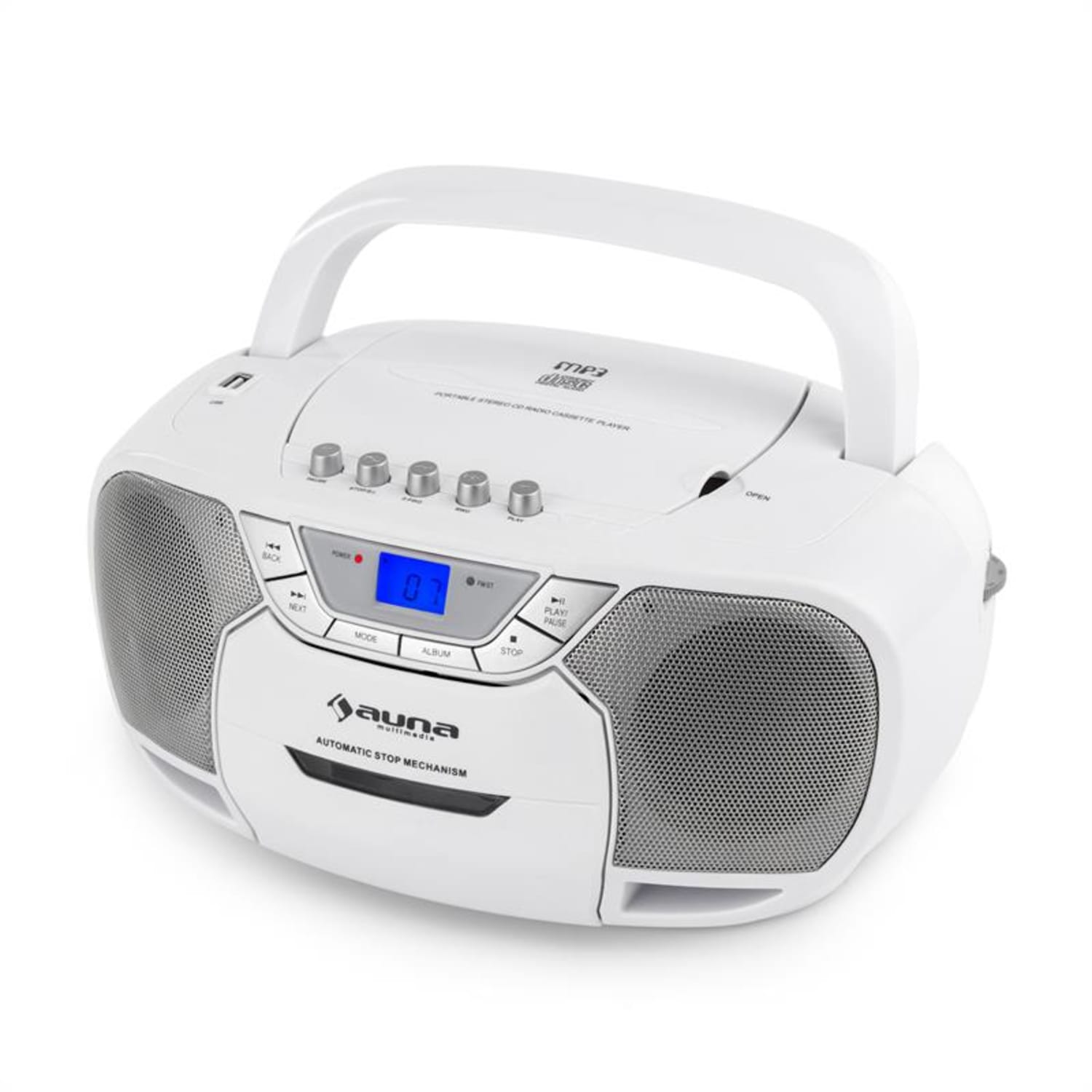 BeeBerry Boom Box Ghettoblaster Radio reproductor CD/MP3 casete blanco 