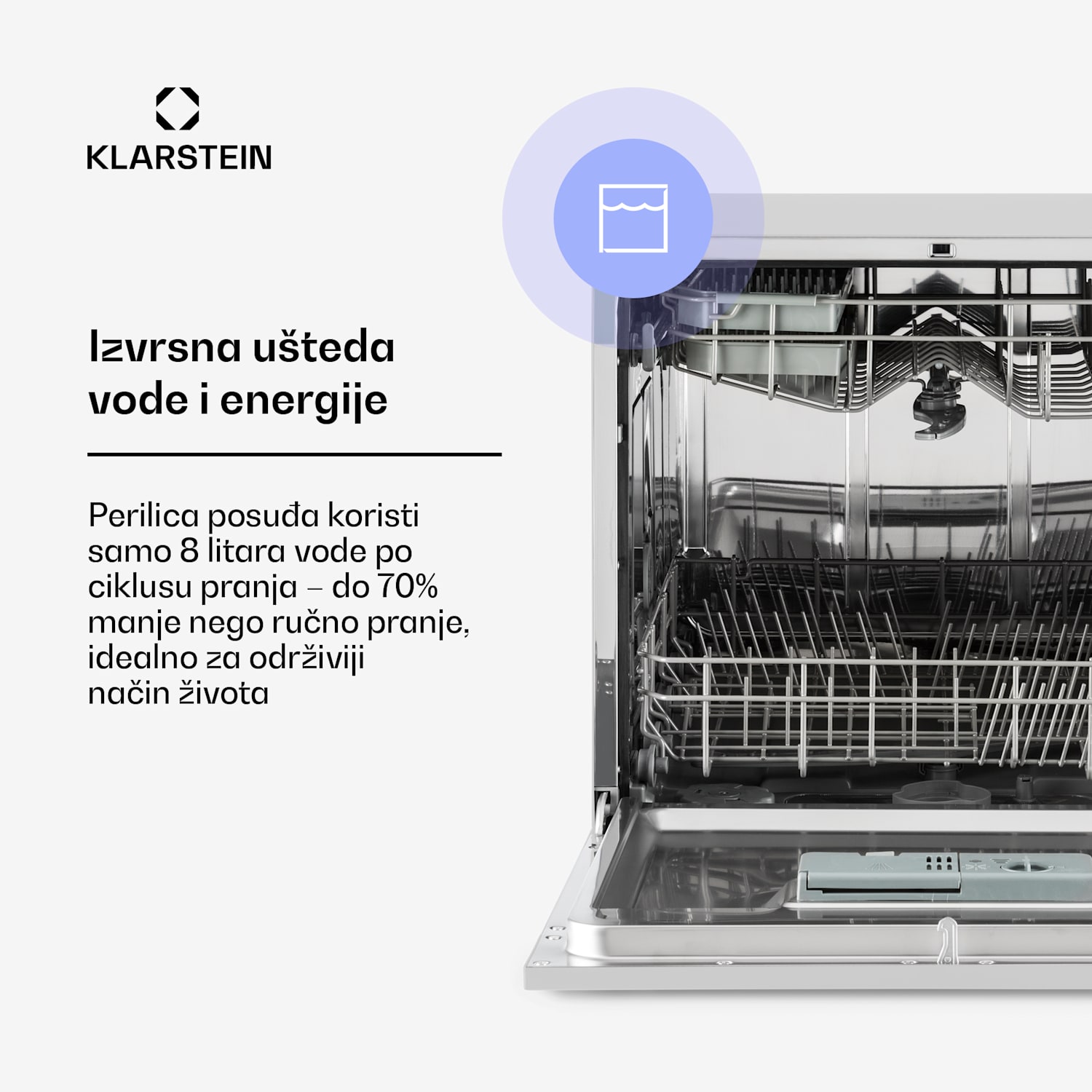 Amazonia 8, perilica posuđa, F, 1620 W, za 8 setova posuđa, 49 dB, aquastop Srebrna metalik