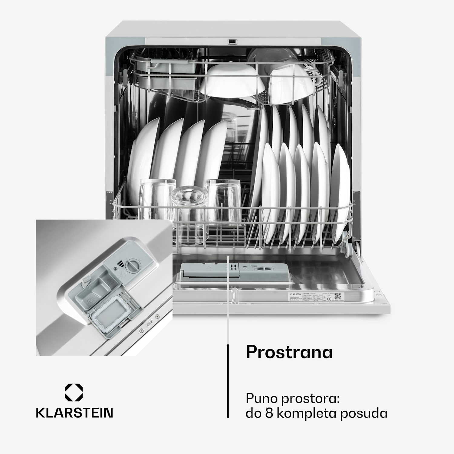 Amazonia 8, perilica posuđa, F, 1620 W, za 8 setova posuđa, 49 dB, aquastop Srebrna metalik