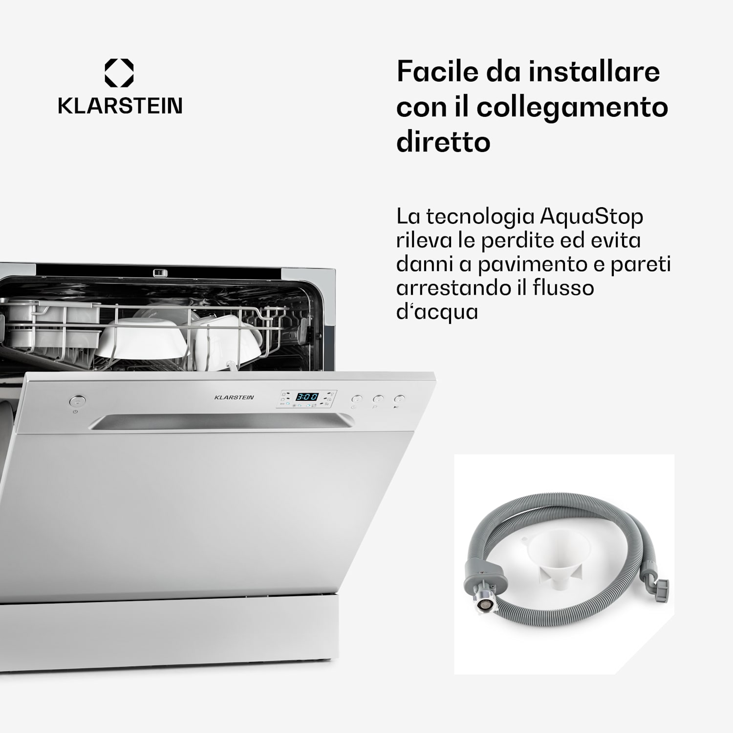 Amazonia 8 - Lavastoviglie, 1620 Watt, per 8 coperti, 49 dB, Aquastop Argento metallizzato