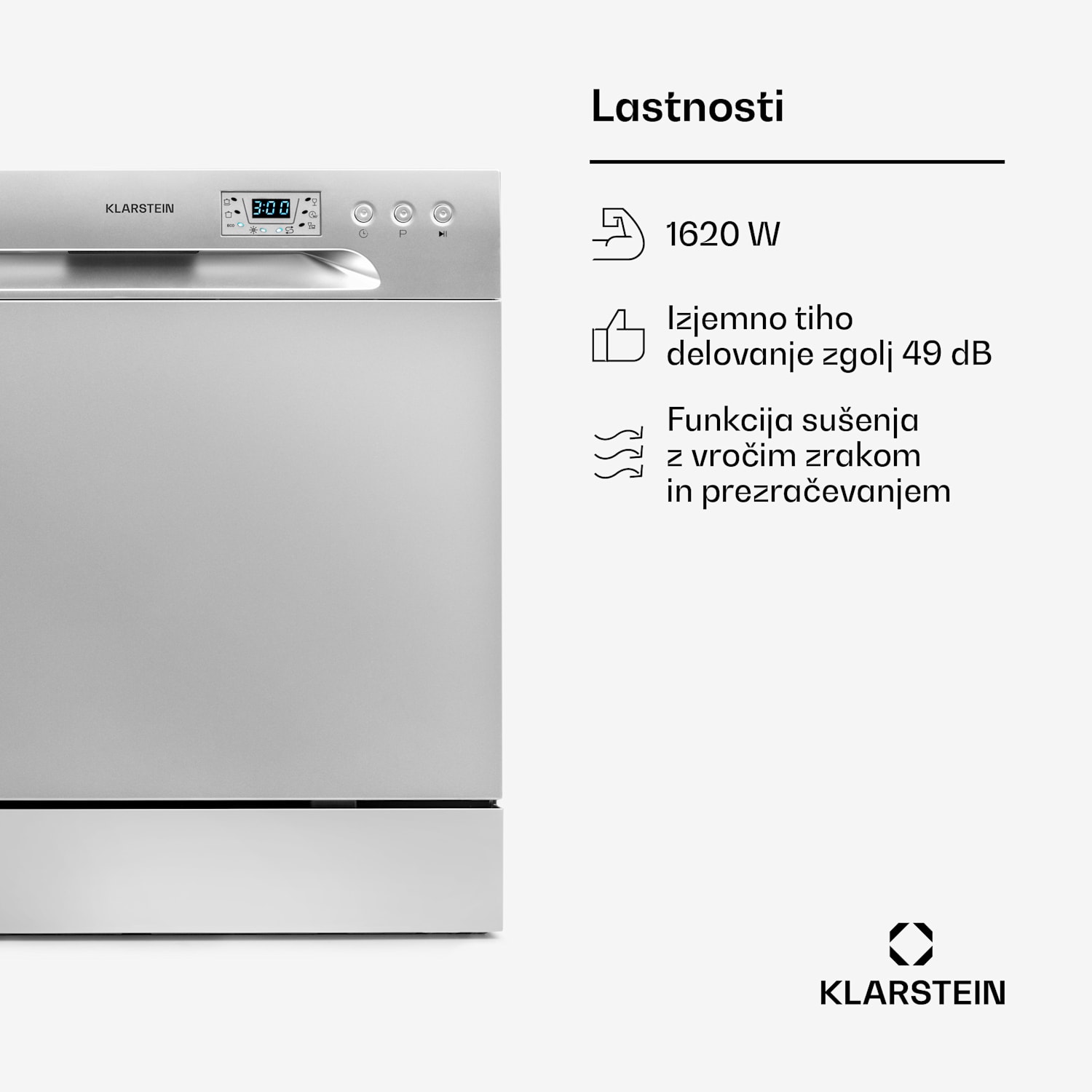 Amazonia 8, pomivalni stroj, F, 1620 W, za 8 pogrinjkov, 49 dB, aquastop Srebrna kovinska barva