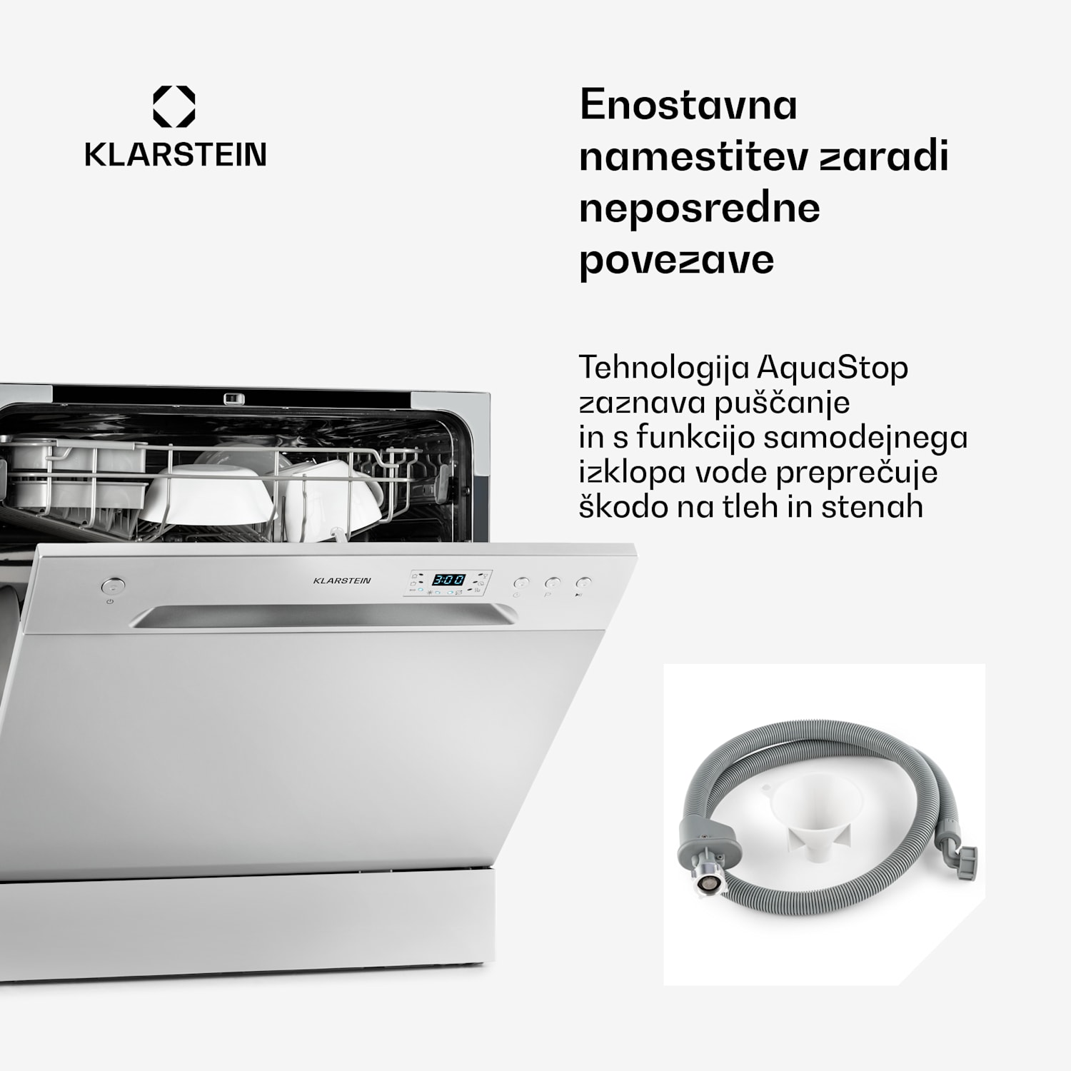 Amazonia 8, pomivalni stroj, F, 1620 W, za 8 pogrinjkov, 49 dB, aquastop Srebrna kovinska barva