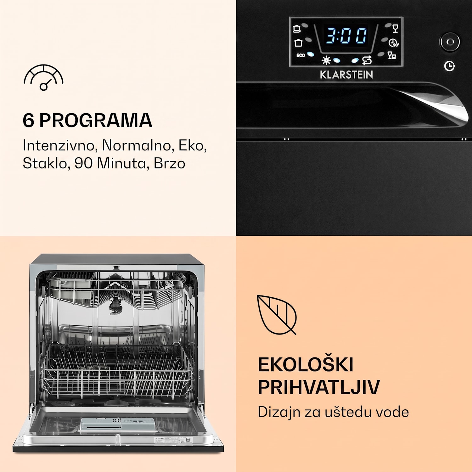 Amazonia 8, perilica posuđa, F, 1620 W, za 8 setova posuđa, 49 dB Crna