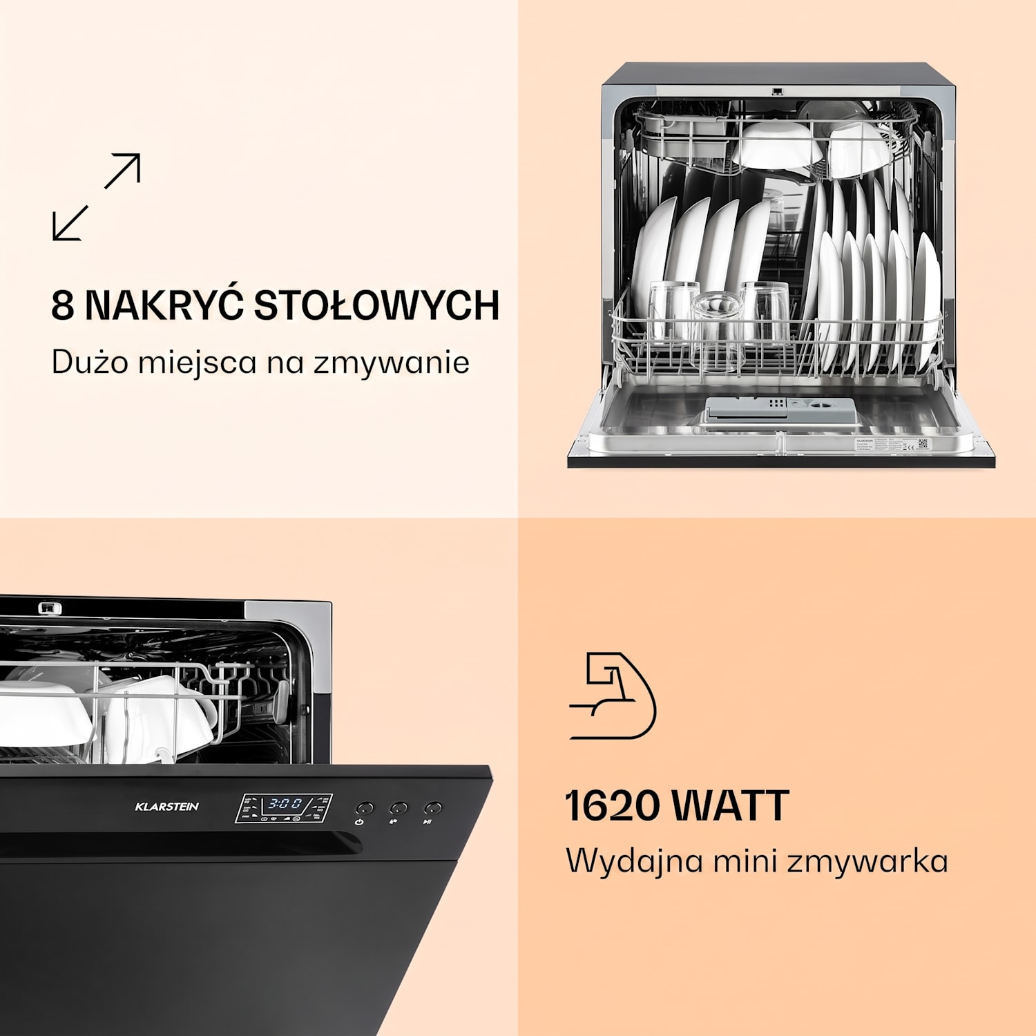 Amazonia 8, zmywarka do naczyń , klasa energetyczna F, 1620 W, 8 kompletów naczyń Czarny