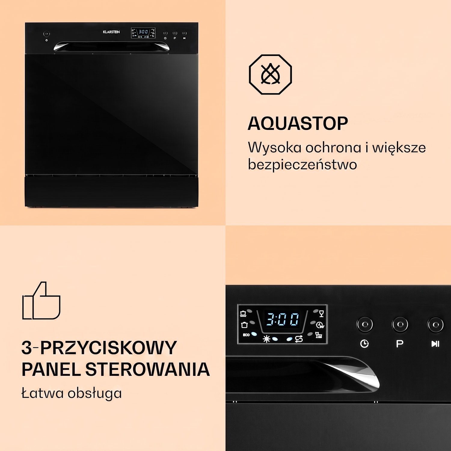 Amazonia 8, zmywarka do naczyń , klasa energetyczna F, 1620 W, 8 kompletów naczyń Czarny