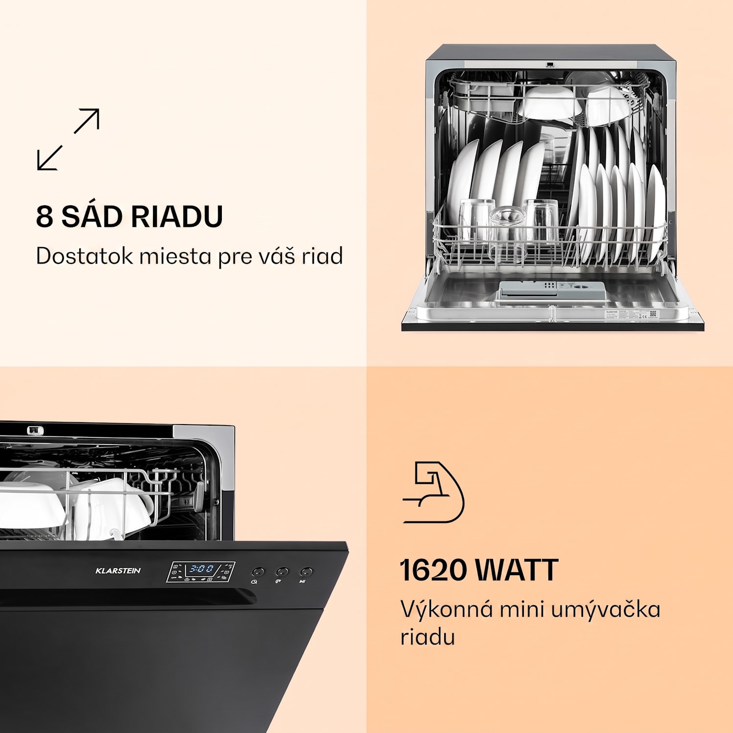 Amazonia 8, umývačka riadu, 1620 W, na 8 súprav riadu, energet. trieda F, 49 dB Čierna