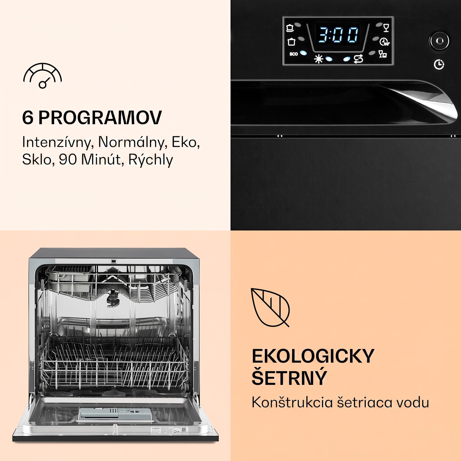Amazonia 8, umývačka riadu, 1620 W, na 8 súprav riadu, energet. trieda F, 49 dB Čierna