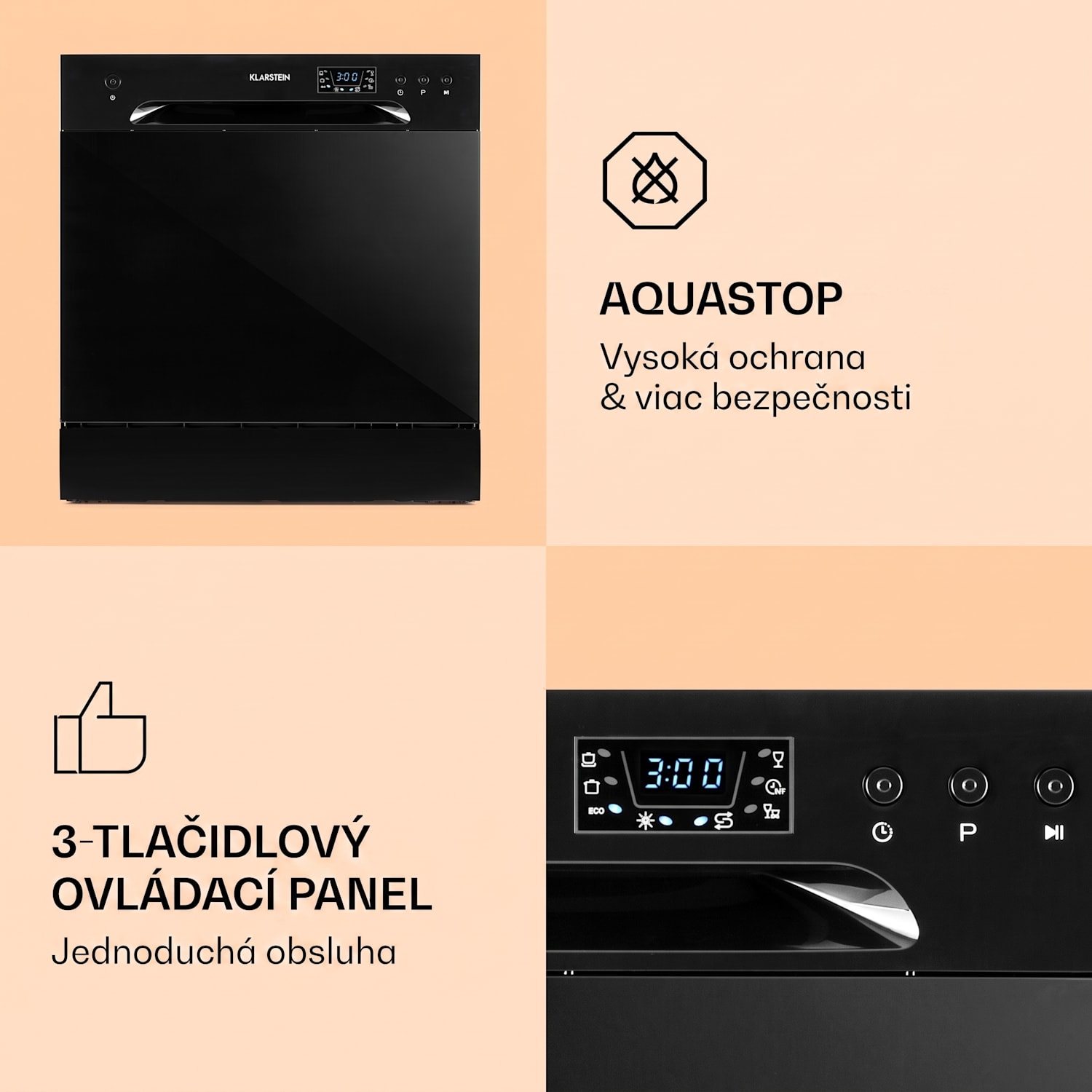 Amazonia 8, umývačka riadu, 1620 W, na 8 súprav riadu, energet. trieda F, 49 dB Čierna