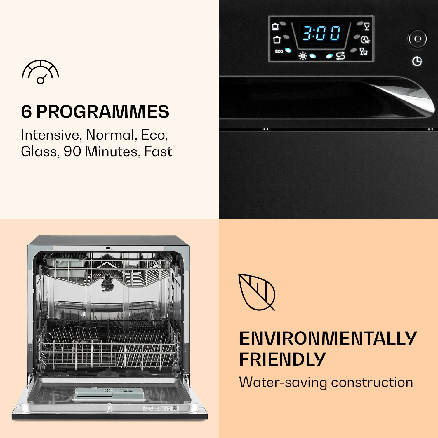 Amazonia 8 Geschirrspülmaschine 1620 Watt 8 Maßgedecke 49 dB Aquastop Schwarz