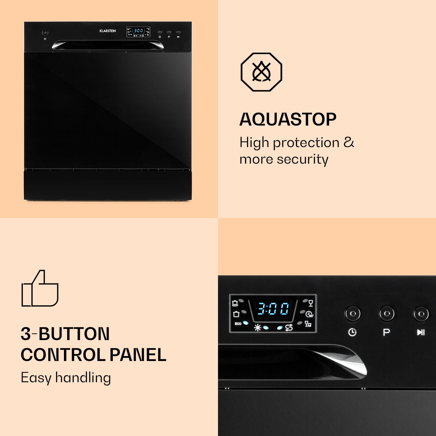 Amazonia 8 Geschirrspülmaschine 1620 Watt 8 Maßgedecke 49 dB Aquastop Schwarz